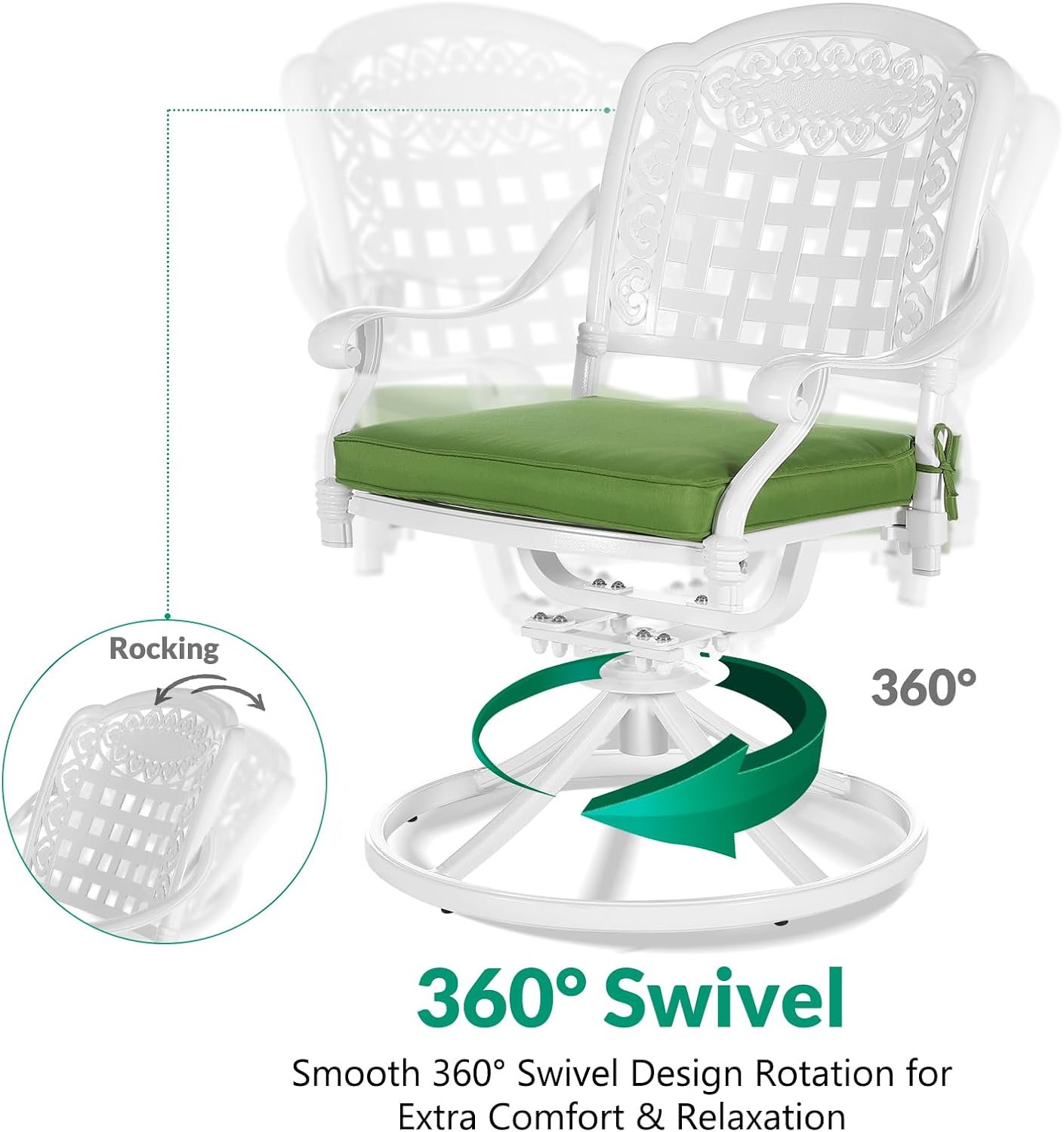 VIVIJASON 3-Piece Patio Bistro Set, Outdoor All-Weather Cast Aluminum Furniture Dining Set, Include 2 Swivel Rocker Chairs and 31" Round Table w/Umbrella Hole for Balcony, Lawn, Garden, White