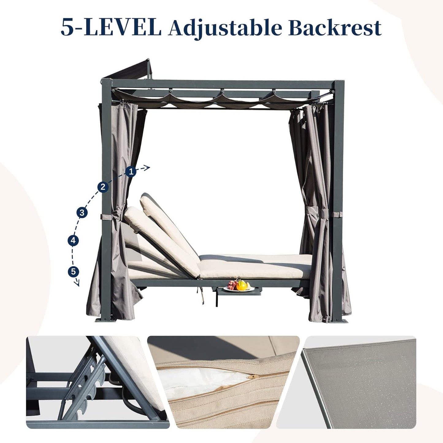 Domi Aluminum Outdoor Patio Daybed with Retractable Canopy Bed, Double Chaise Lounge Outdoor Grey Curtain with Beige Cushion & Cup Holder, for Outside Pool,Garden,Backyard,Lawn