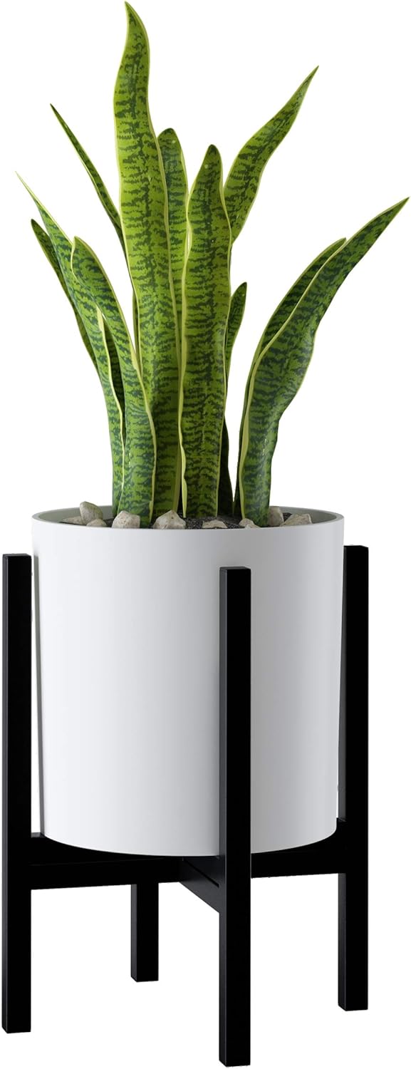 FaithLand Plant Pot 10 inch - Perfectly Fits Mid-Century Modern Plant Stand - Drainage Plug and Drainage Mesh Screen - Matte White Planter Pot - Upgraded