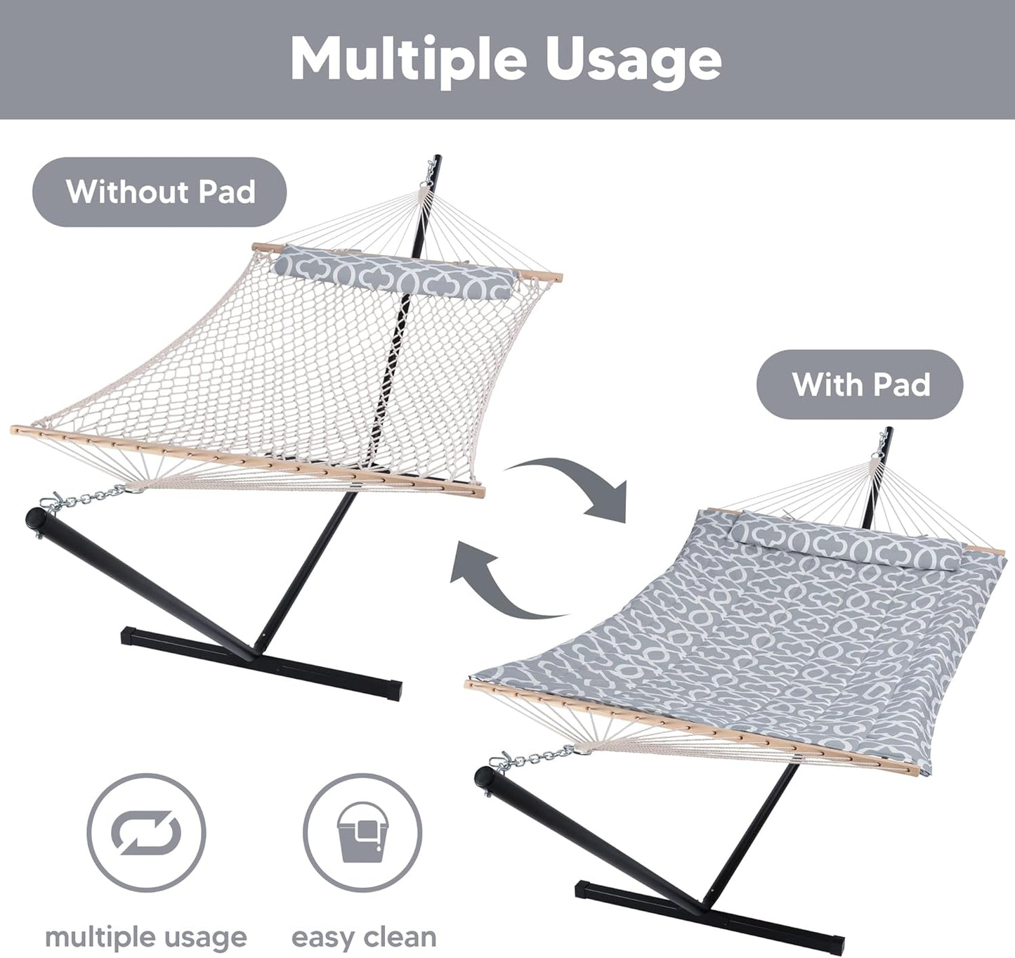 SUNCREAT Outdoor Double Hammock with Stand, Two Person Cotton Rope Hammock with Polyester Pad, Circle Pattern