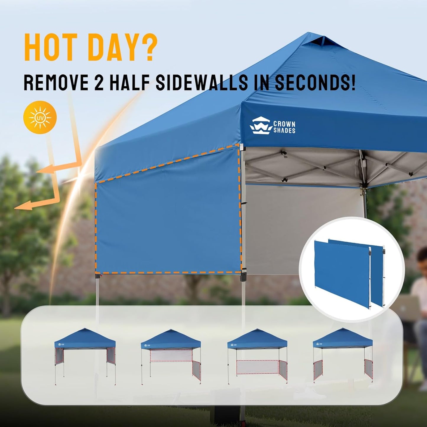 CROWN SHADES Canopy Tent, 10 x 10 Foot Portable Pop Up Outdoor Shelter with 2 Half Sidewalls, 1 Push Center Lock, UV Protection, and Carry Bag, Blue