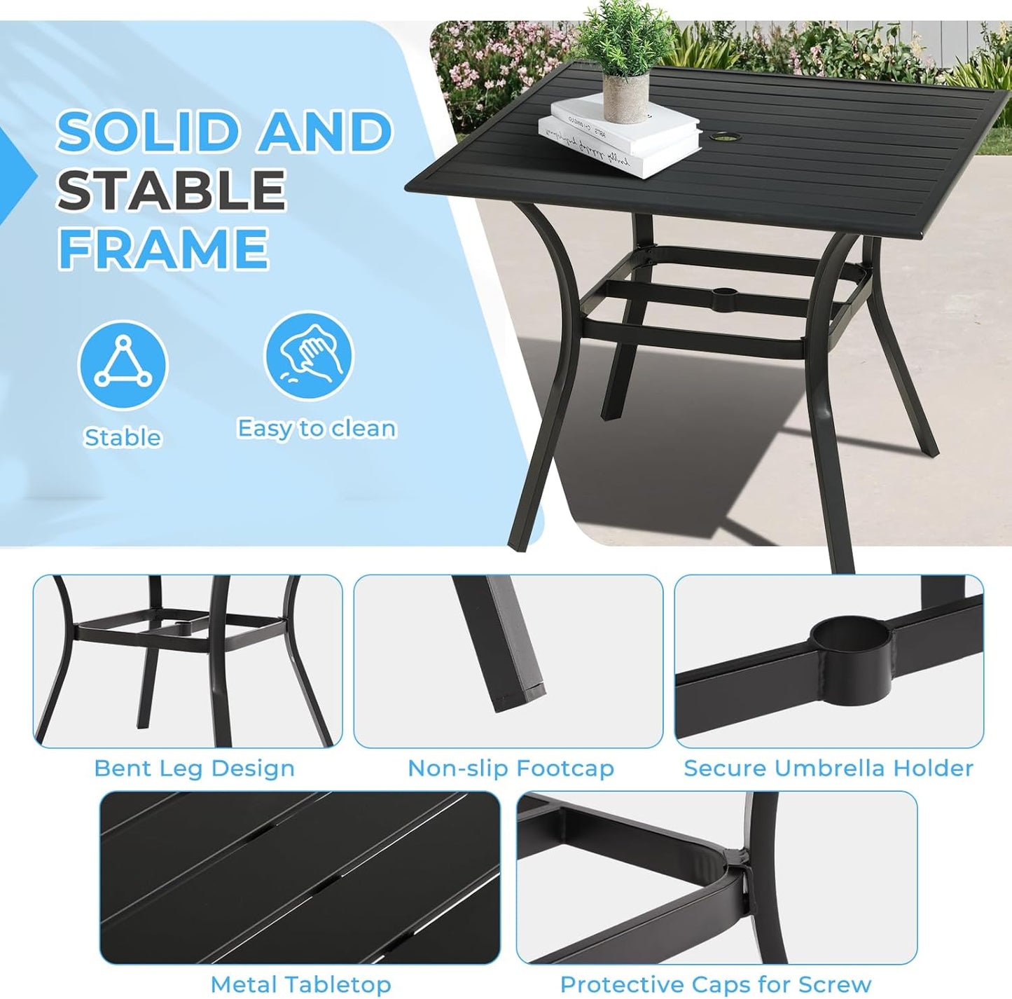 5-Piece Outdoor Patio Dining Set, Outdoor Patio Swivel Chair & Square Metal Patio Table, Outdoor Furniture Dining Set for Patio, Balcony, Lawn, Garden, Backyard (1 Square Table+ 4 Swivel Chairs)