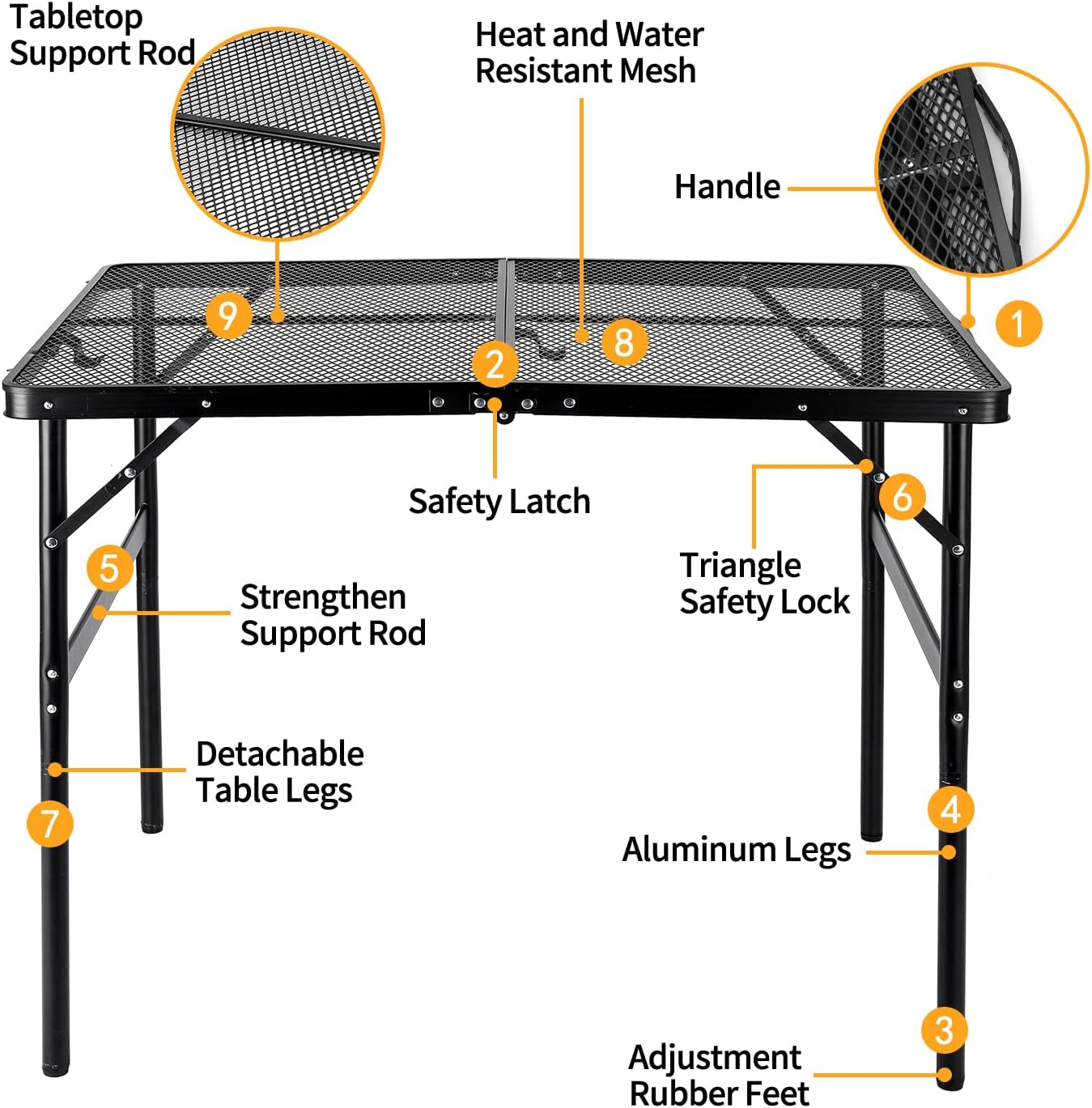 Camping Table 3FT Grill Table Foldable Folding Picnic Portable Stand Mesh 2 Height Adjustable Outdoor Card BBQ RV Black 35.5×23.6 ×26 inch