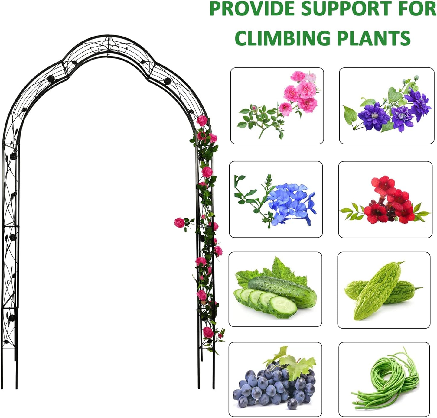 Metal Garden Arch 98.4" H Garden Arbor Trellis for Outdoor Climbing Plants Support Rose Lawn Tall Large Scale Event Arch(L, Black)