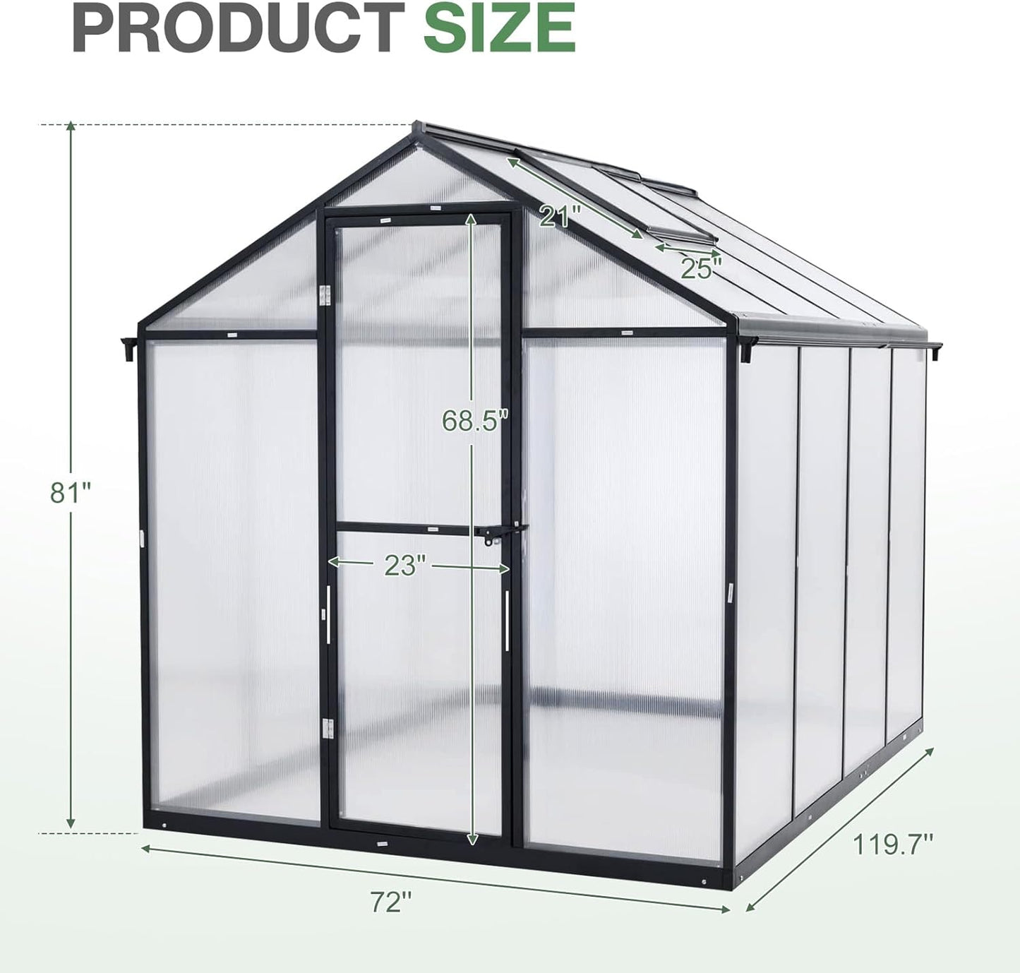 Aoodor 6 x 10 Ft Walk-in Greenhouse with Gutter, Polycarbonate and Heavy-Duty Aluminum Frame, Adjustment Skylight and Lockable 2-Sided Door for Patio, Outdoor, Yard, Lawn Use, Black