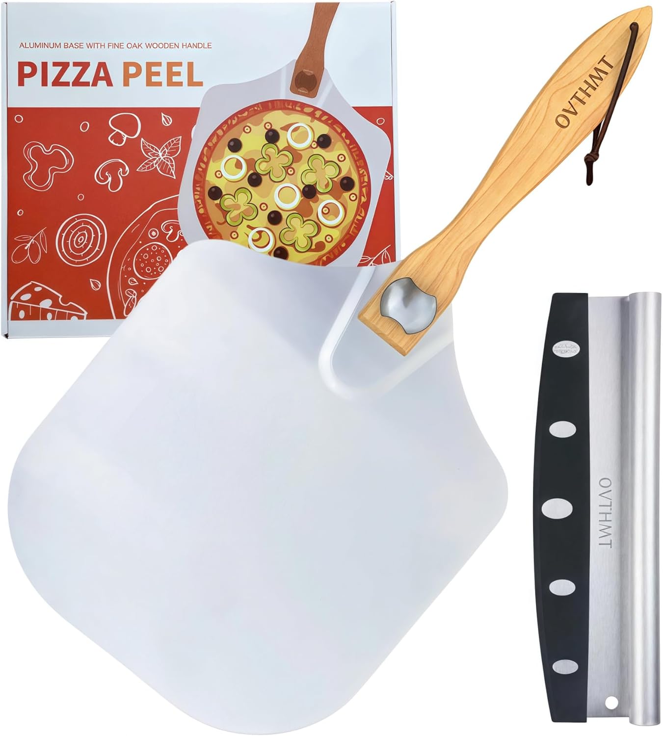 Metal Pizza Peel 2 PCS, Aluminum 12 x 14 inch Pizza Paddle with Foldable Wood Handle, Pizza Peel Set, Pizza Spatula With Rocker Cutter, Pizza Kit