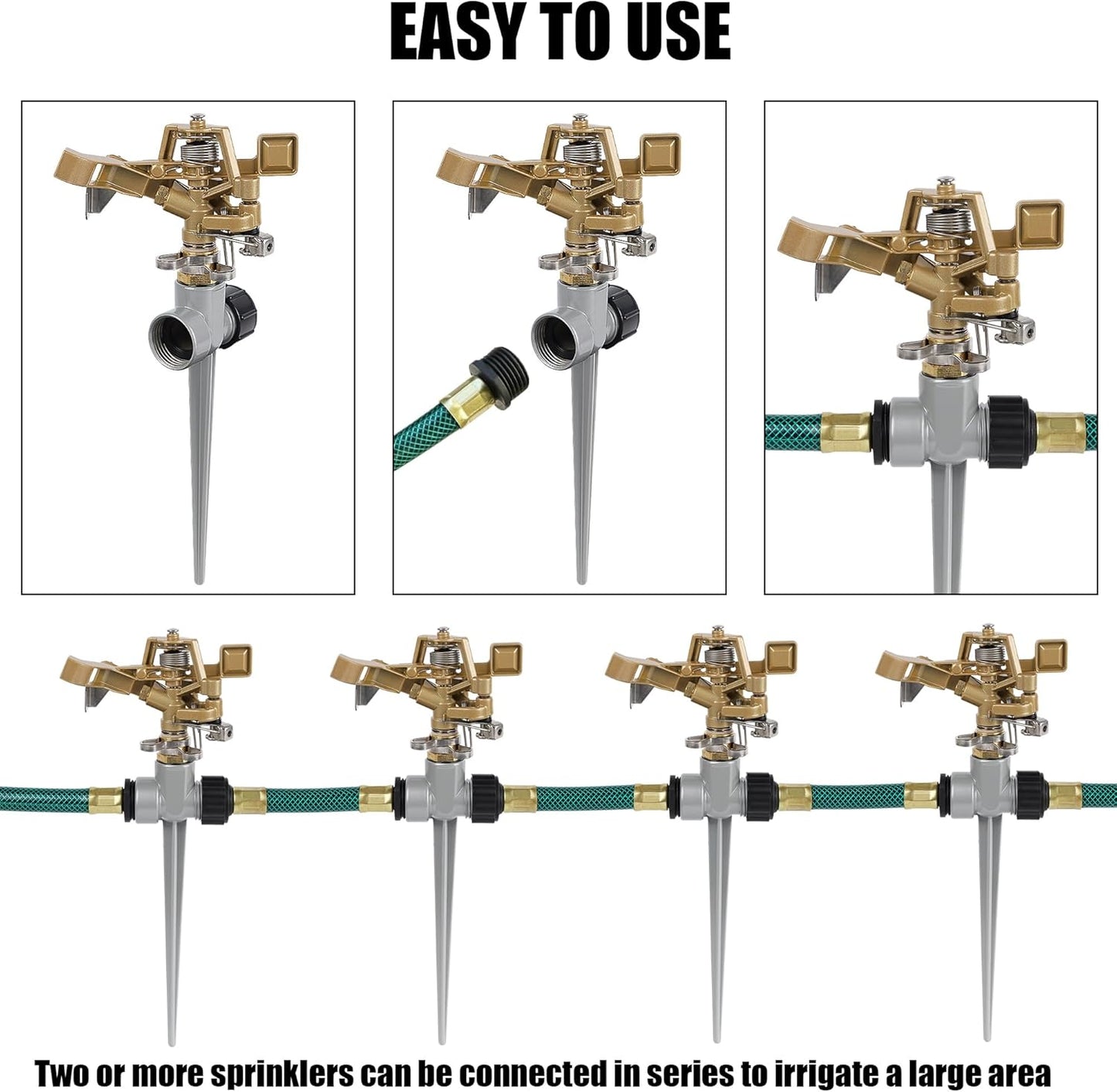 Biswing 2 Pack Impact Sprinklers with Stand (Spike), Heavy Duty Zinc Alloy Lawn Sprinkler Head on Spike Base, Adjustable Watering Sprinkler for Large Area Grass Yards Patio Garden Irrigation