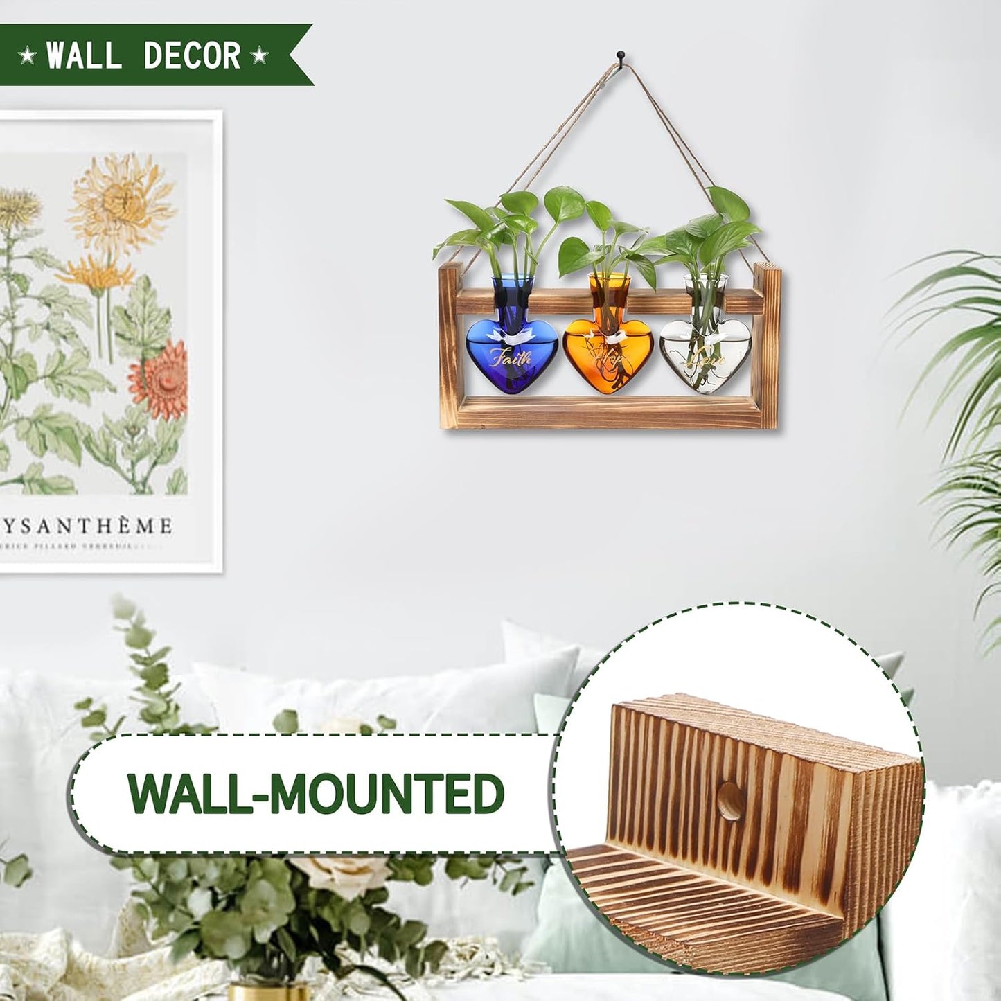 Plant Terrarium Propagation Stations Faith Hope Love Hydroponics Home Garden Decoration Gift for Women with Wooden Stand Heart Shaped Colored Glass Vase