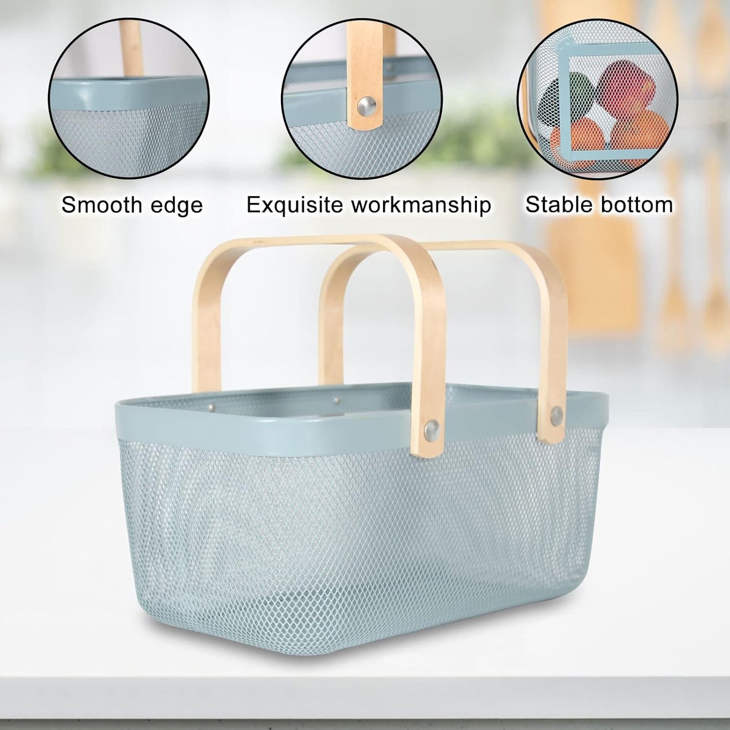 Garden Harvest Basket,Delicate Harvest Basket for Garden Vegetables,Practical Metal Mesh Wire Basket with Handle Suitable for Bathroom,Cabinet,Kitchen(Blue)