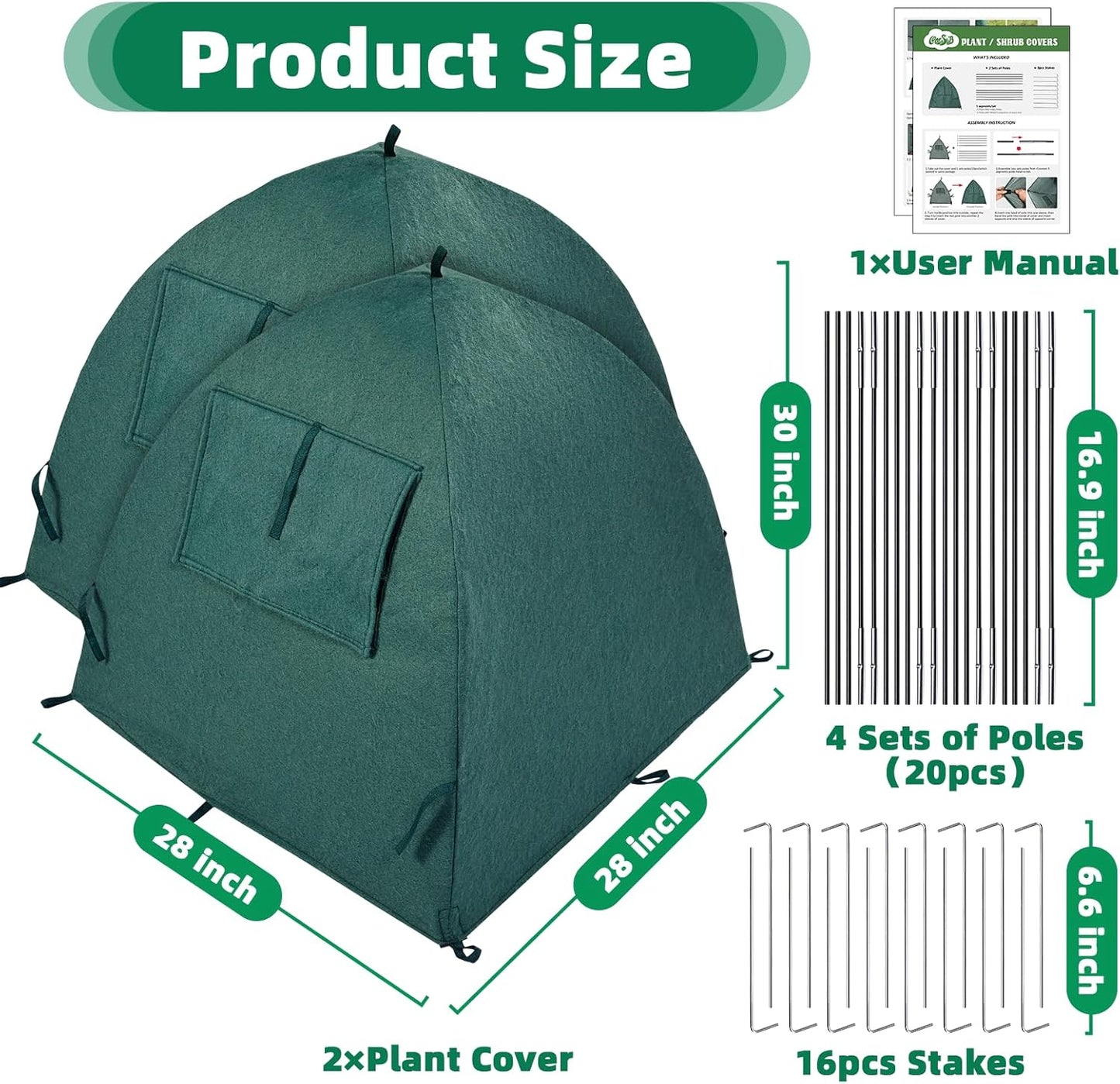2 Packs Plant Cover Freeze Protection Blanket, 28''x28''x30'' Outdoor Garden Fabric Cover with Poles and Stakes for Winter Frost, Shade Cloth Plant Guard for Shrubs, Small Trees, Green