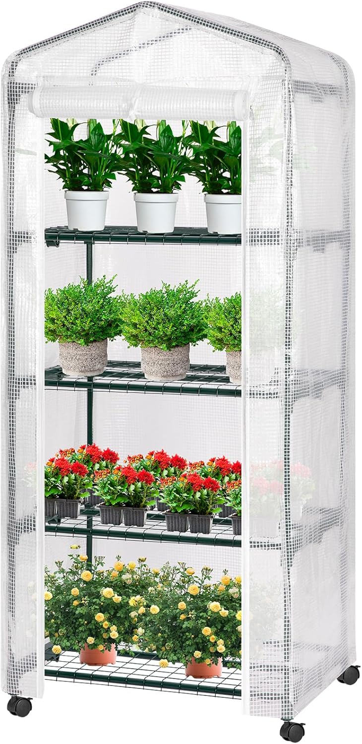 VIVOSUN Mini 4-Tier Greenhouse with Wheels, 27 x 19 x 63-Inch Reusable Portable Warm House with White PE Cover and Shelf for Compact Garden and Small Backyards, with Wheels