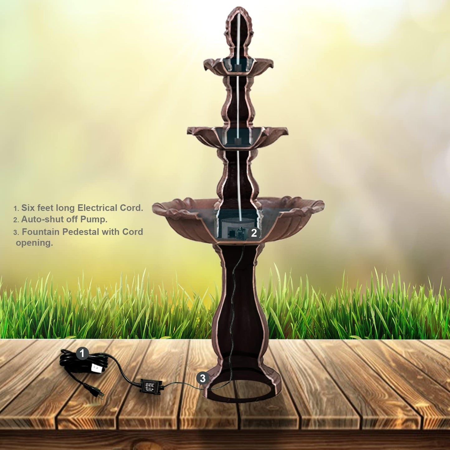 XBrand 3-Tier Freestanding Waterfall Fountain w/Pump & Pineapple Top, 51 Inch Tall, Brown, Large Outdoor Garden Fountain, Ideal for Garden, Porch, and Lawn
