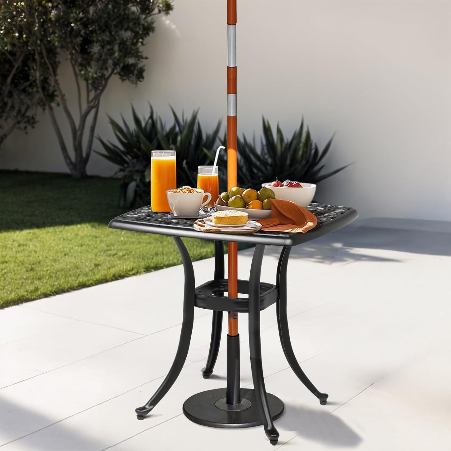 Outvita Patio Side Table, 21.3in Outdoor Square Cast Aluminum Bistro Table with Umbrella Hole and Antique Design for Backyard Porch Pool Balcony Deck Black