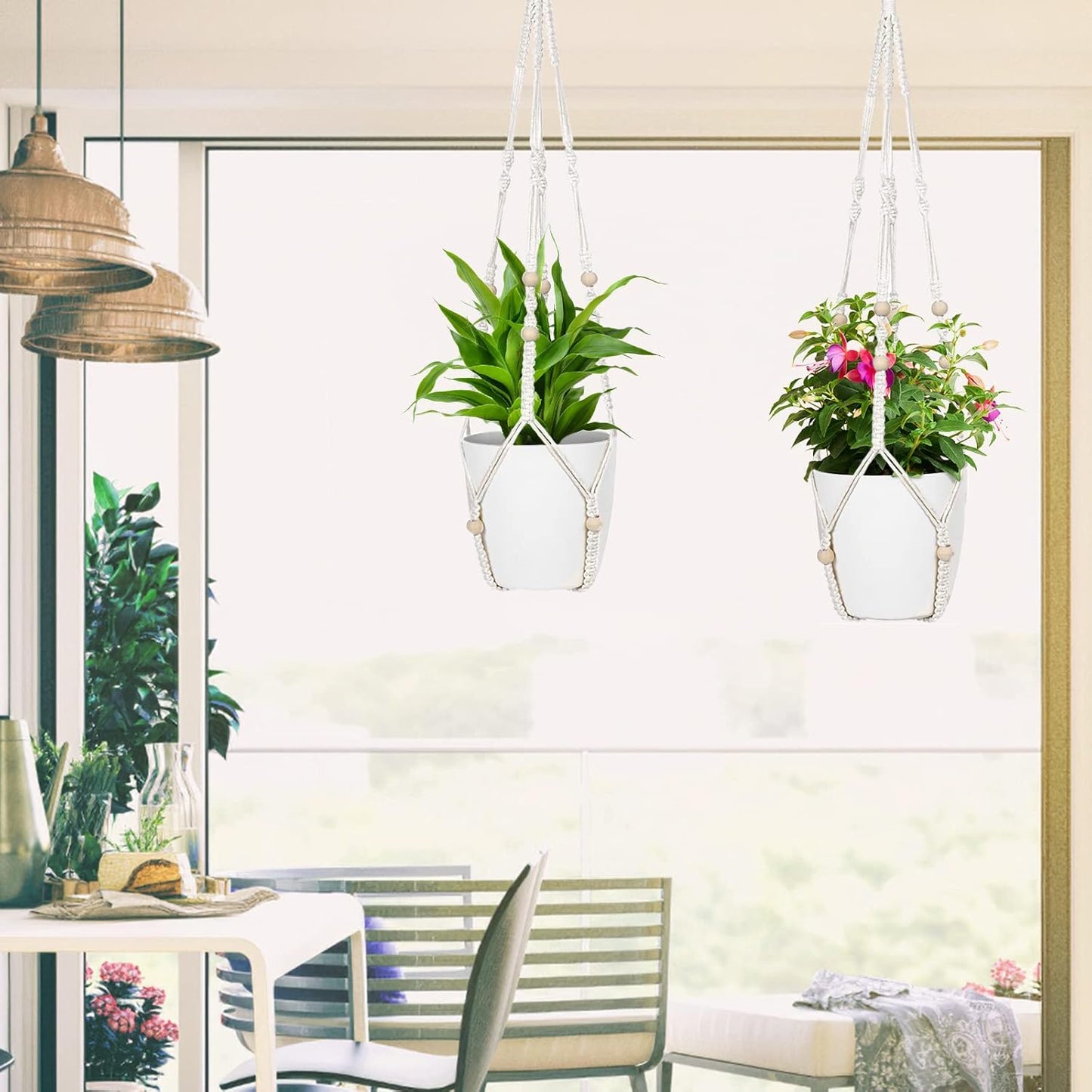 ZMTECH 2 Pack 35 Inch Macrame Plant Hanger (Ivory) Indoor Hanging Planter Basket with Wood Beads Decorative Flower Pot Holder for Indoor Outdoor Boho Home Decor