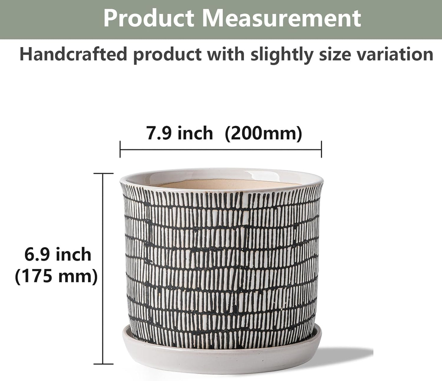 8 Inch Plant Pot: Ceramic Planter with Drainage Hole & Saucer - Cylinder Flowerpot for Indoor & Outdoor Plants - with Separate Tray for Home & Office - Striped Design