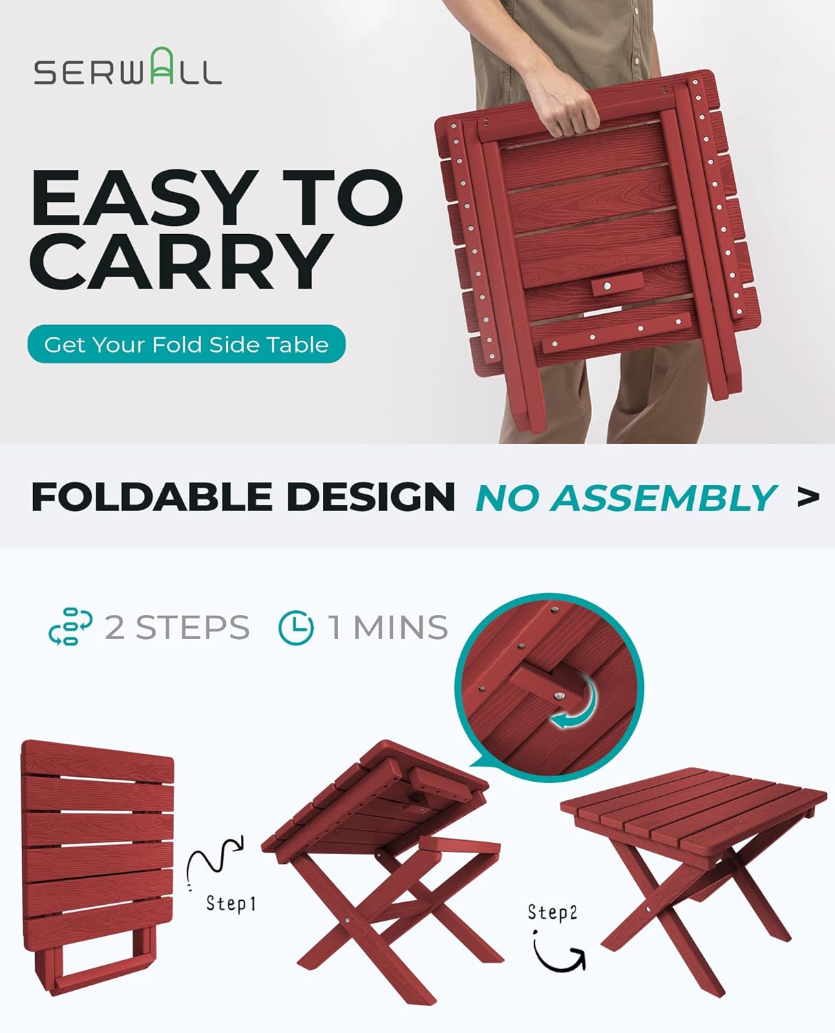 SERWALL Folding Adirondack Side Table, HDPE Small Outdoor Table, No Assembly Required End Table for Backyard Pool Porch Garden Lawn, Red