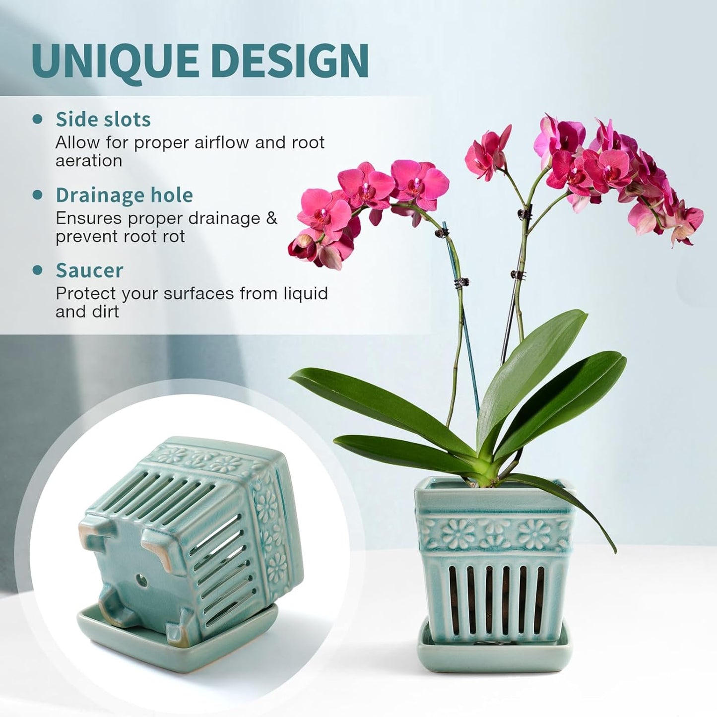 Orchid Pots with Holes | 5" Ceramic Orchid Planter with Separate Saucer and Drainage Holes | Crackle Glazed Pottery Small Flower Pot for Repotting Orchids（Blue）