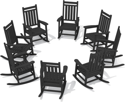 SERWALL HDPE Outdoor Rocking Chair Set of 8, Patio Rocking Chairs for Adults, All Weather Outdoor Rockers for Lawn, Black