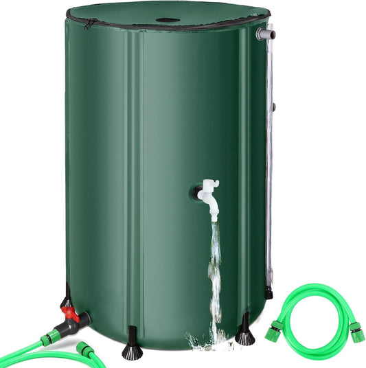 100 Gallon Collapsible Rain Barrel, SKM Portable Rain Water Collection Barrel for Garden/Outside/Lawn, PVC Rainwater Collection System Water Tank Storage Container with Spigots & Overflow Kit, Green