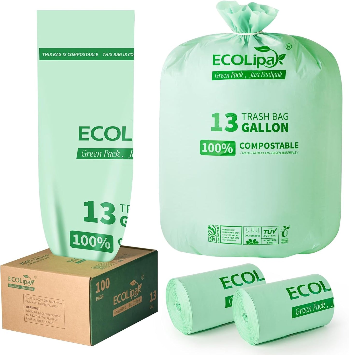 ECOLipak 13 Gallon Compostable Trash Garbage Bags, 100 Count (2 Rolls) Biodegradable Heavy Duty Bathroom Kitchen Trash Bags for Home/Office, US BPI ASTM D6400 and OK Compost Home Certified