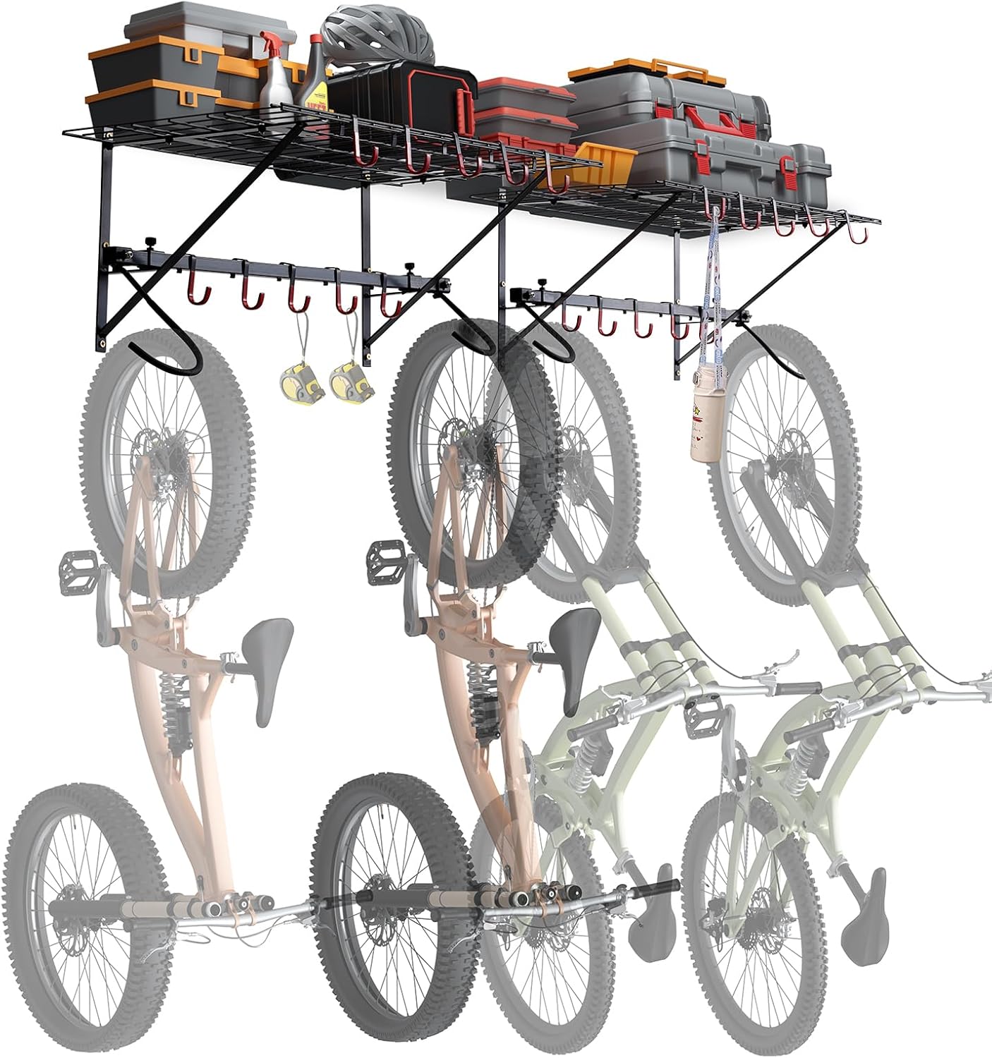 VEVOR Bike Storage Rack, 4 Bike Racks, Wall Mount Bike Storage Hanger with 2 Shelves, Home and Garage Organizer, Customizable for Various Bike Sizes, Adjustable Holder, Holds Up to 500 lbs, 63-inch