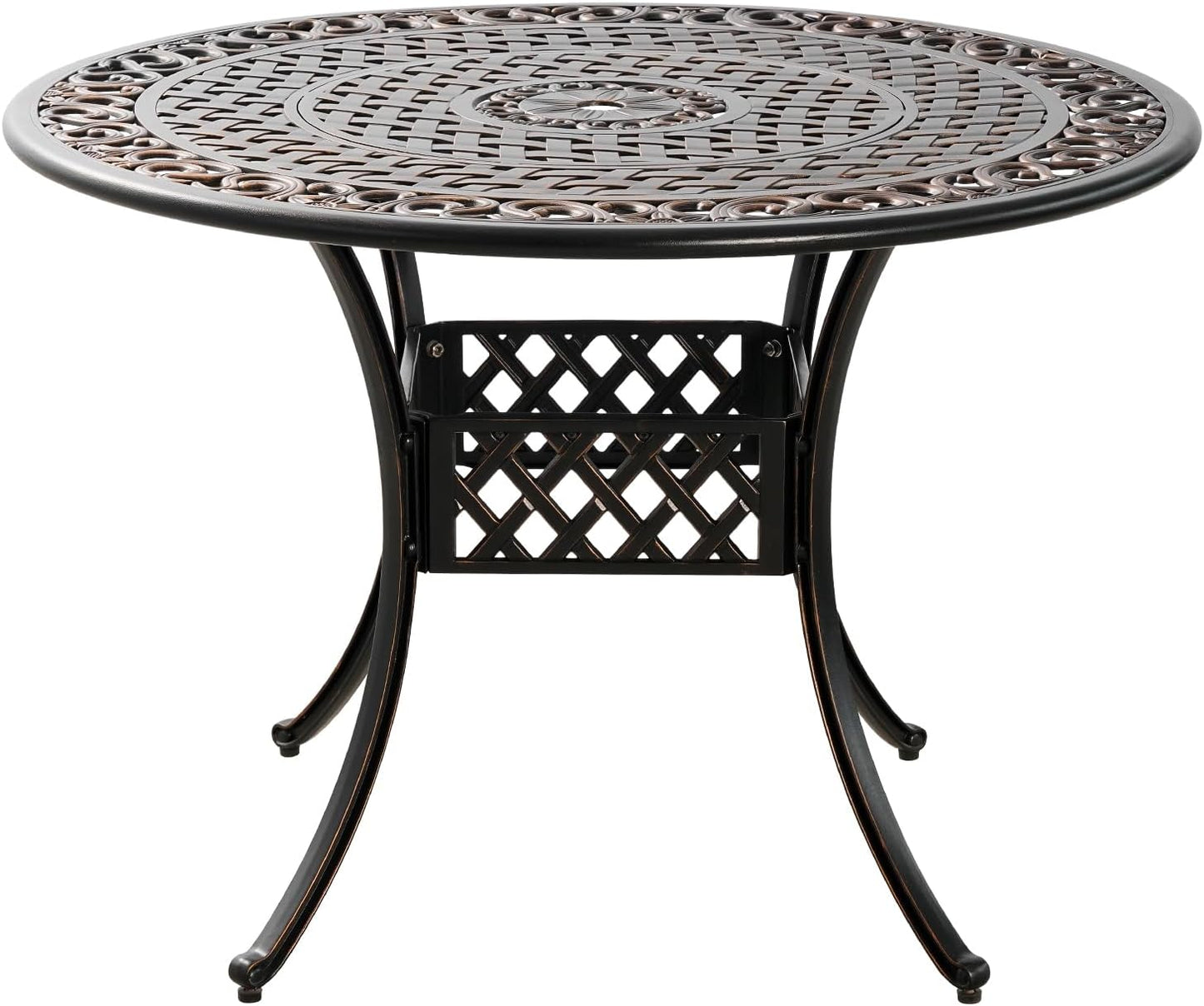 Cast Aluminum Outdoor Dining Table 42" Round Patio Dining Table with 1.7" Umbrella Hole,Large Garden Patio Table for 4-6 People, Bronze