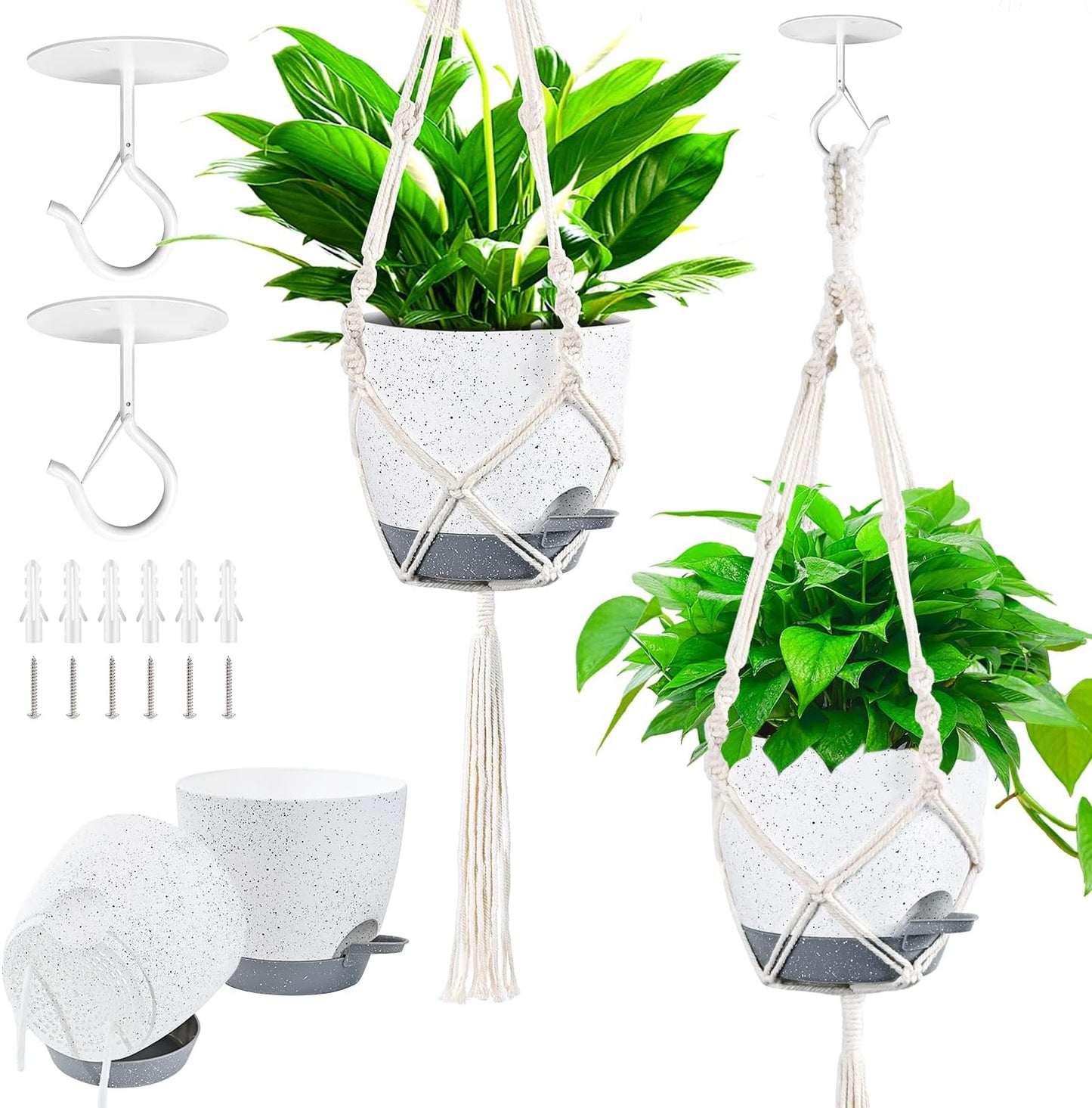 Hanging Planters for Indoor Plants with Self-Watering Hanging Pots for Plants, 2 Pack Macrame Hanging Plant Holders with Drainage Hole & Two Ceiling Hooks, Plant Hangers for Houseplants (7 Inch)