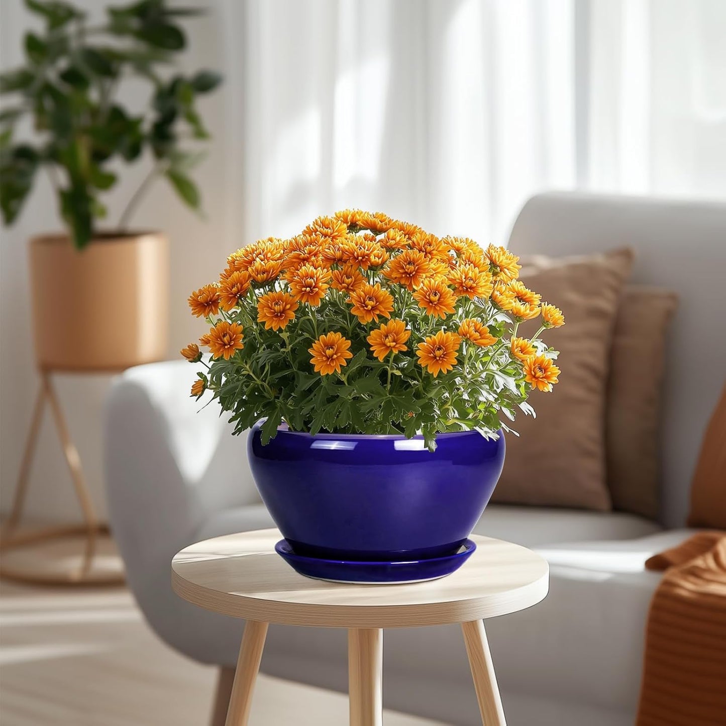 Planter for Indoor Plants 9 Inch - Ceramic Plant Pot for Indoor Plants Round Planter Outdoor Flower Pot with Drainage Hole and Saucer for Home Office Patio Decor Blue