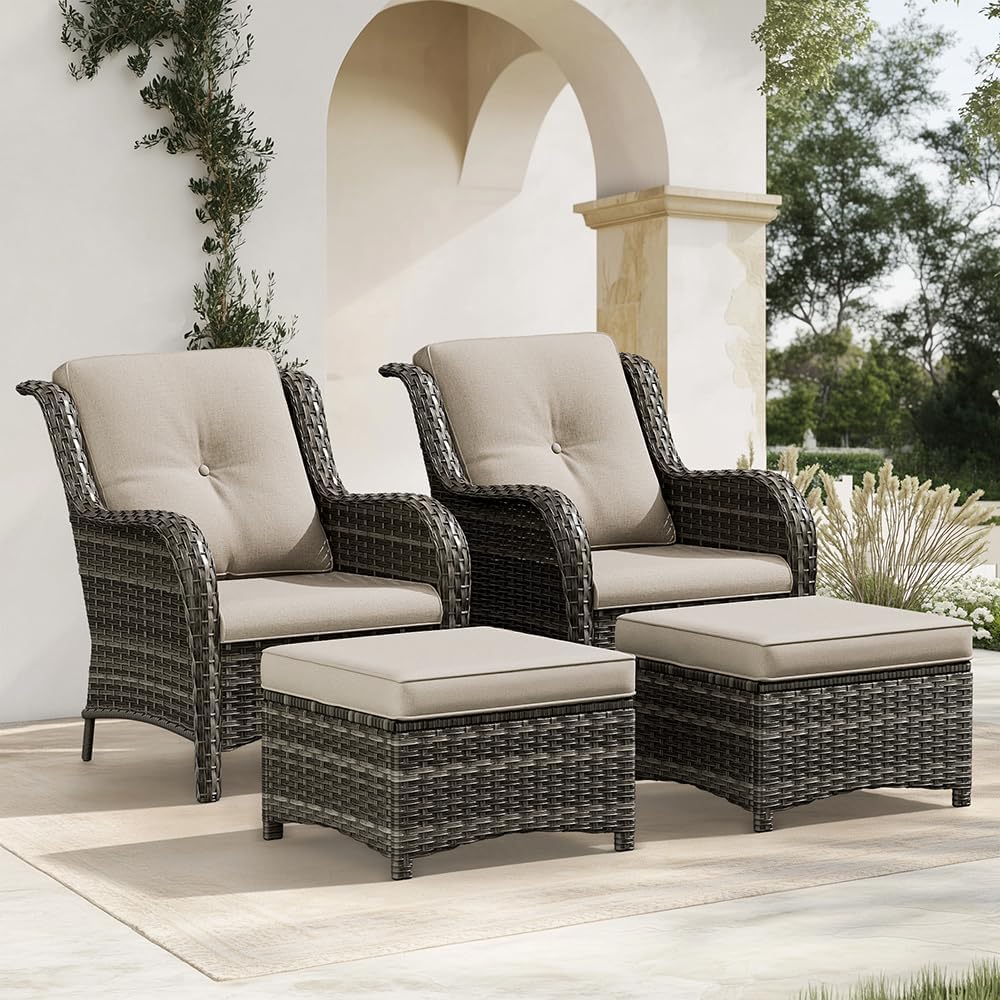 4 Pieces Patio Conversation Set, Wicker Chairs Set of 2 and Two Ottomans with 3.5-inch Seat Cushions, High Back and Curved Armrest for Backyard, Balcony and Deck, Beige