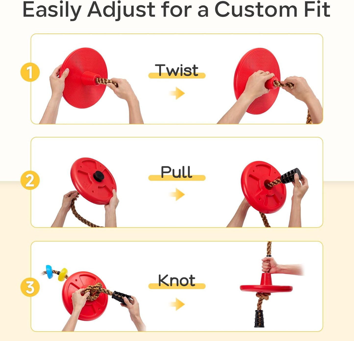 DECORLIFE Adjustable Rope Swing for Kids, Climbing Rope Disc Swing with Platforms, Carabiner and Tree Strap, Tree Swing for Outdoor, Swing Set Playground Accessories, Red