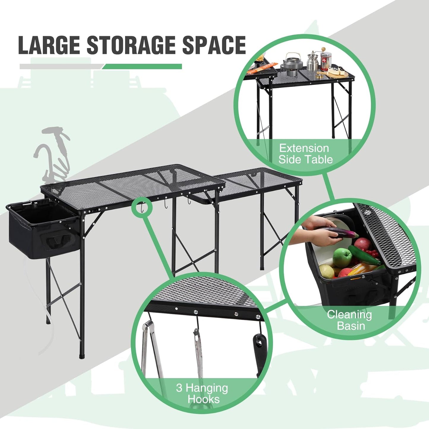 RedSwing Folding Grill Table with Sink and Double Shelf, Multifunctional Portable Grill Stand Table for Outdoor Camping Picnic BBQ, 69 x20 x31.5 Inches, Black