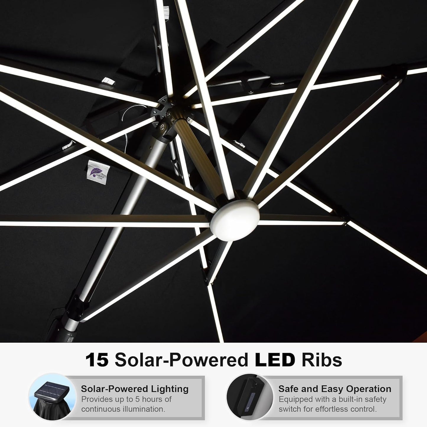 PURPLE LEAF 11 Feet Double Top Deluxe Solar Powered LED Square Patio Umbrella Offset Hanging Umbrella Outdoor Market Umbrella Garden Umbrella, Black