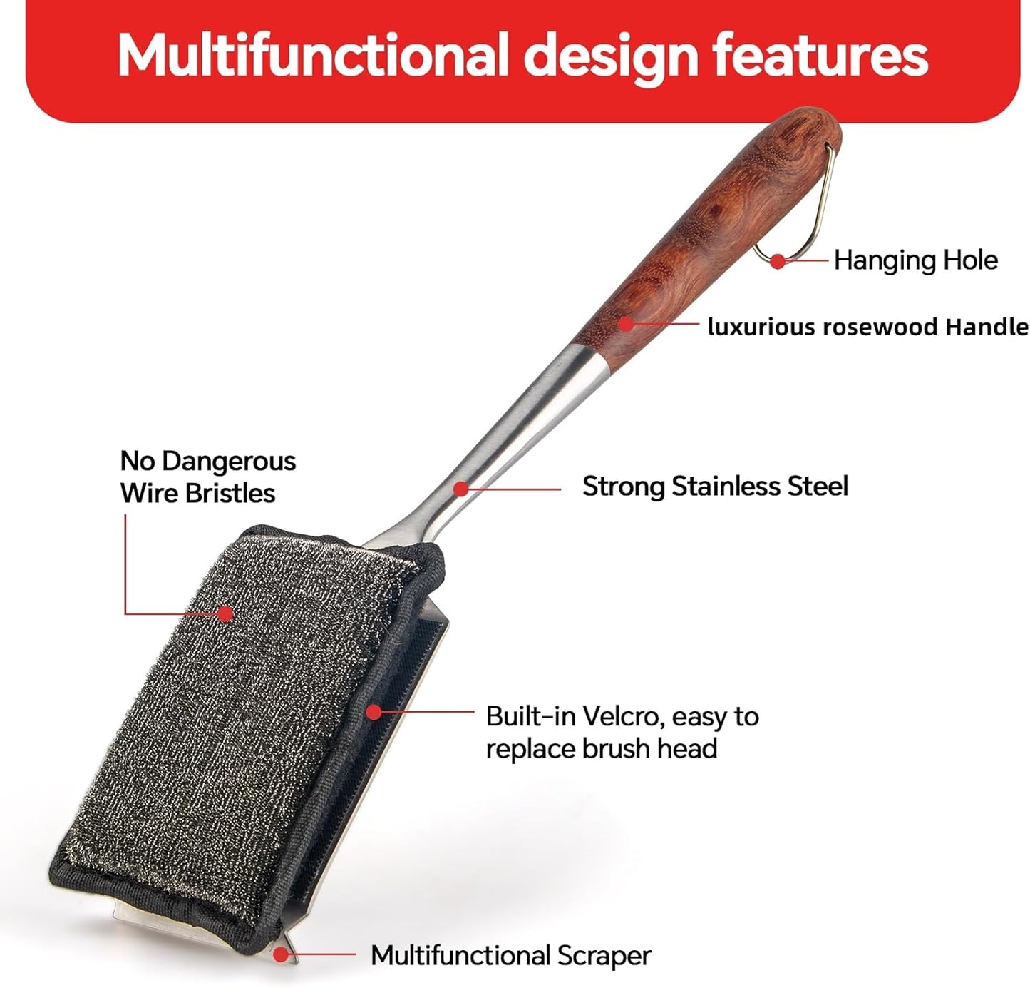 Bristle-Free Steam Cleaning Grill Brush,with Extended Luxurious Rosewood Handle and 1 Replacement Head,BBQ Grill Cleaning Brush Kit,Safe Grill Cleaner for Outdoor Grill,Gifts for Men/Dad