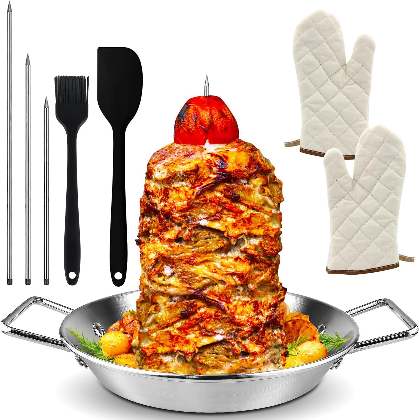 Al Pastor Skewer for Grill -Vertical Barbecue Stand Al Pastor, Kebabs, Shawarma, Gyros, with 10.5 inch base plate and 3 detachable sharp barbecue accessories (8”/10"/12”)& Brushes，Barbecue gloves