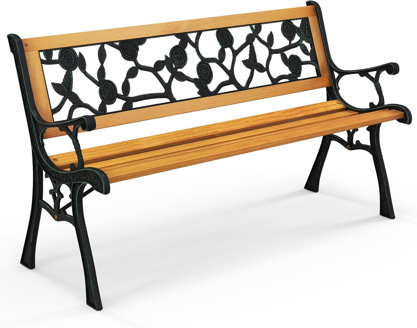 Tangkula Outdoor Garden Bench Park Bench, Patio Iron Bench Chair with Cast Iron & Hardwood Structure, Weather Proof Porch Loveseat, Perfect for Backyard, Deck, Lawn, Poolside