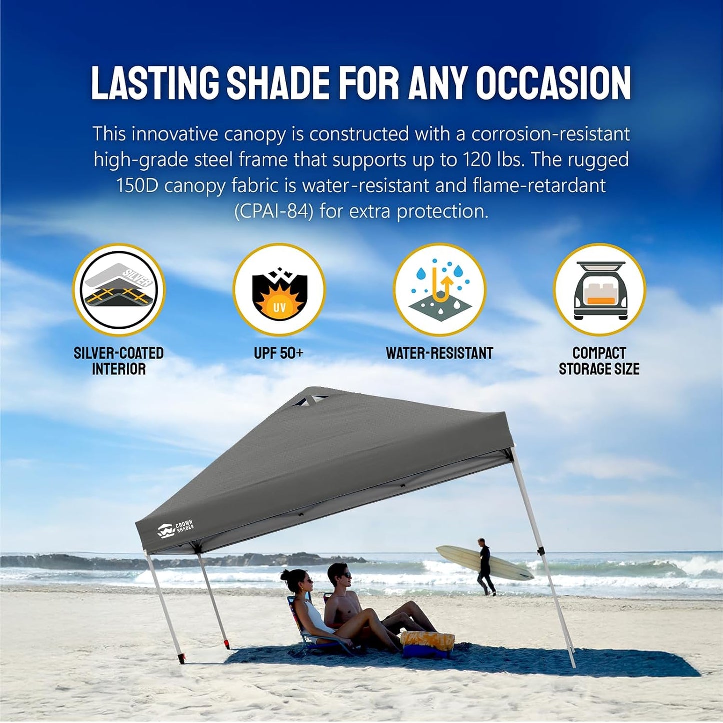 CROWN SHADES 10x10 Pop Up Canopy - Beach Tent with One Push Setup - Easy Outdoor Sun Shade Shelter for Events, Parties - Gazebo with STO-N-Go Cover Bag, Silver Coated Top, Grid Grey