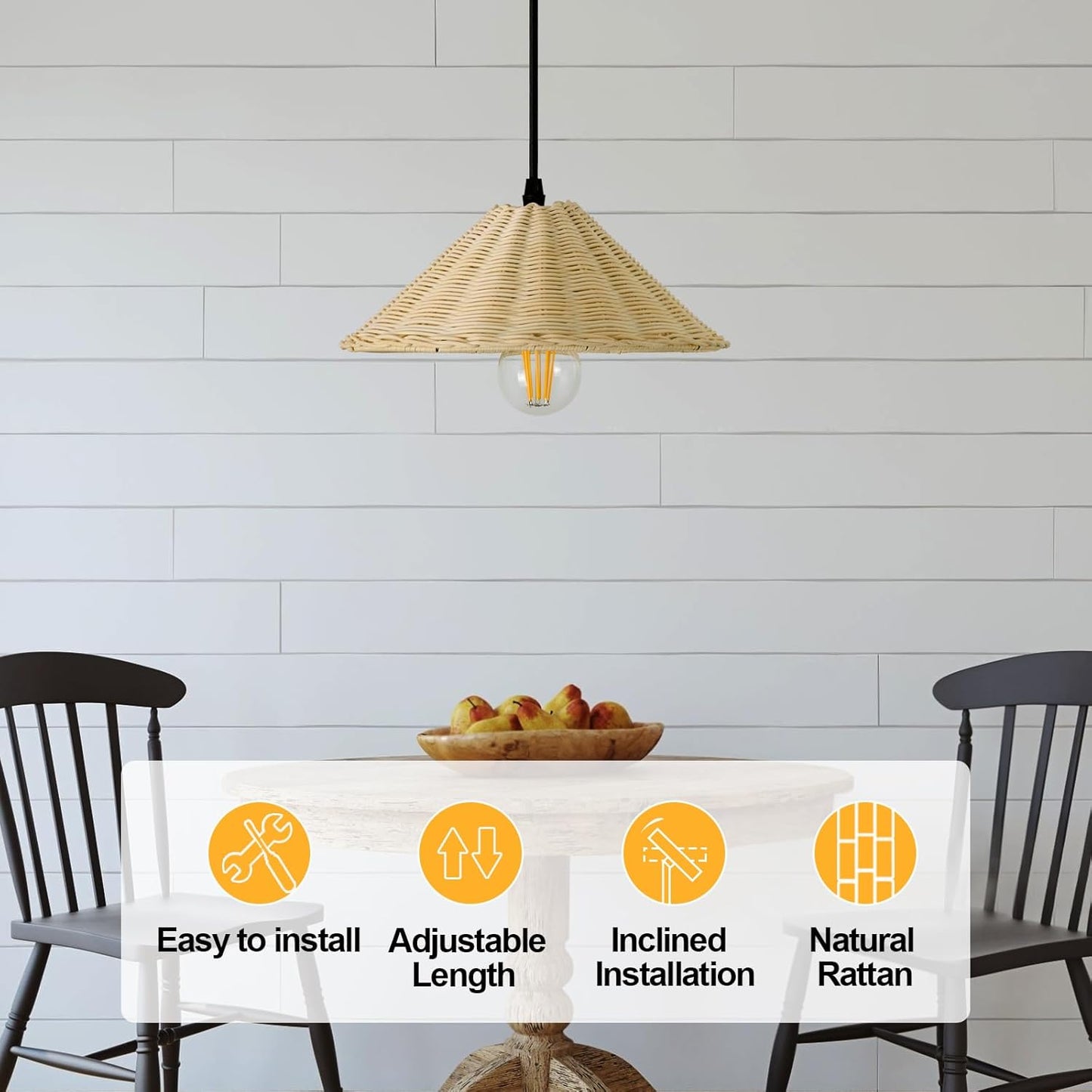 TERLEENART Hard Wired Rattan Pendant Lights Set of 2,Farmhouse Coastal Woven Wicker Ceiling Light with 10.65” Cone Shade, Boho Wired Mounted Hanging Chandelier for Bedroom Dining Room Kitchen Island