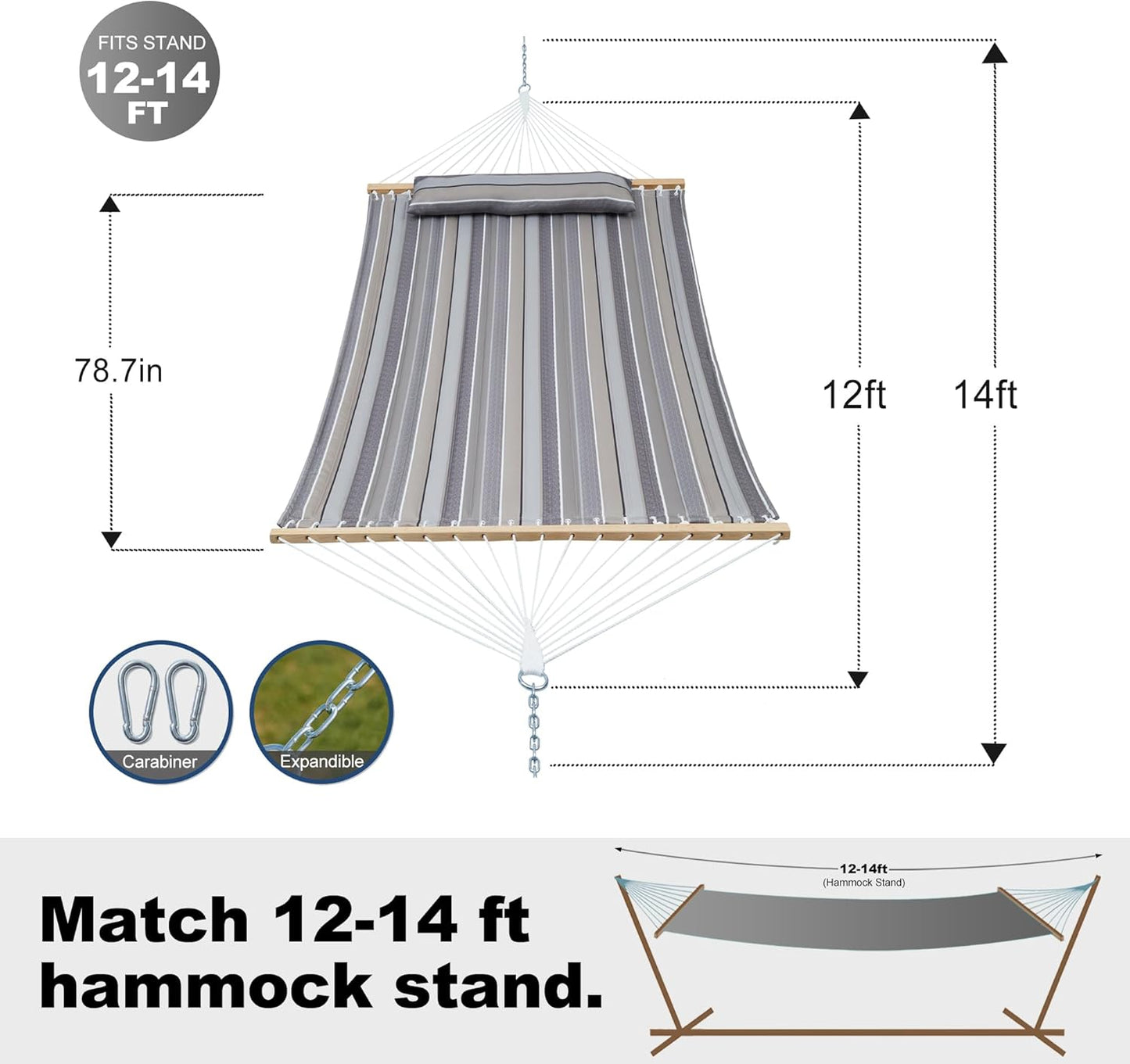 Double Quilted Fabric Tree Hammock with Spreader Bar, 14ft Hammocks 2 Person for Outside, Fits 12ft -14ft Hammock Stand, Pillow & Side Pockets & Carabiners, Max 475 lbs Capacity (Peace Dove)