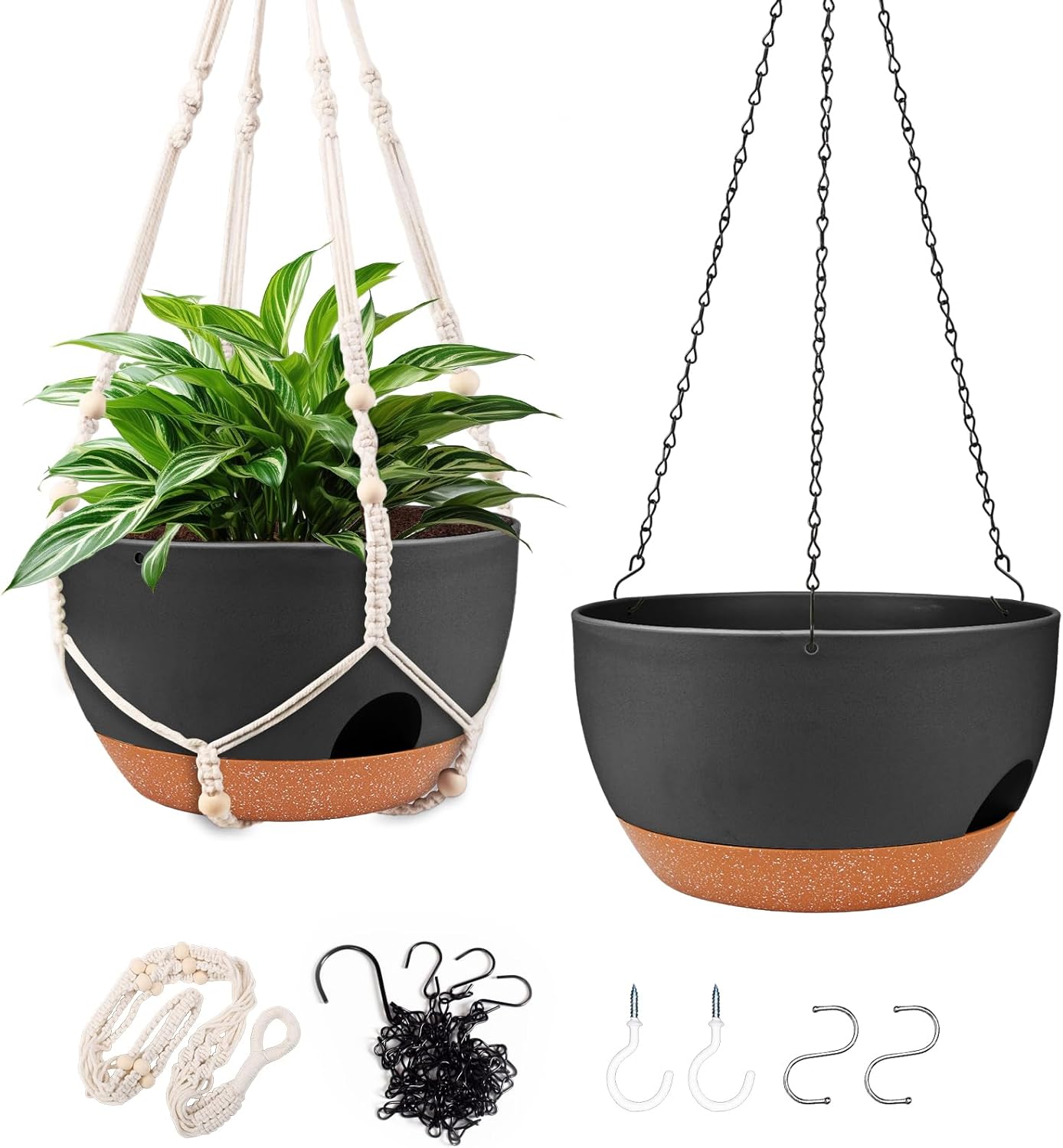 Hanging Planters for Outdoor Indoor Plants, 2 Pack 12 Inch Hanging Basket Plants Outdoor, Self Watering Hanging Planter with Plant Hanger for Garden Home Decoration (2 Type Plant Hangers Black)