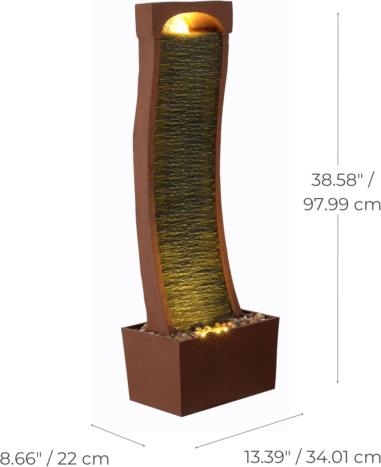 Teamson Home 38.5" Indoor/Outdoor Modern Curved Faux Slate Waterfall Fountain with LED Lights, Red Rock