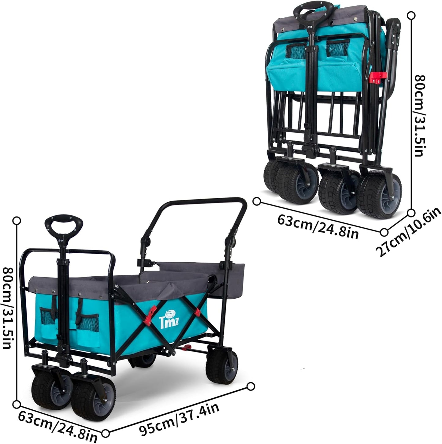 TMZ All Terrain Utility Folding Wagon, Collapsible Garden Cart, Heavy Duty Beach Wagon, for Shopping, Camping, and Outdoor Activities with Push Handle and Brakes (Turquoise/Grey)