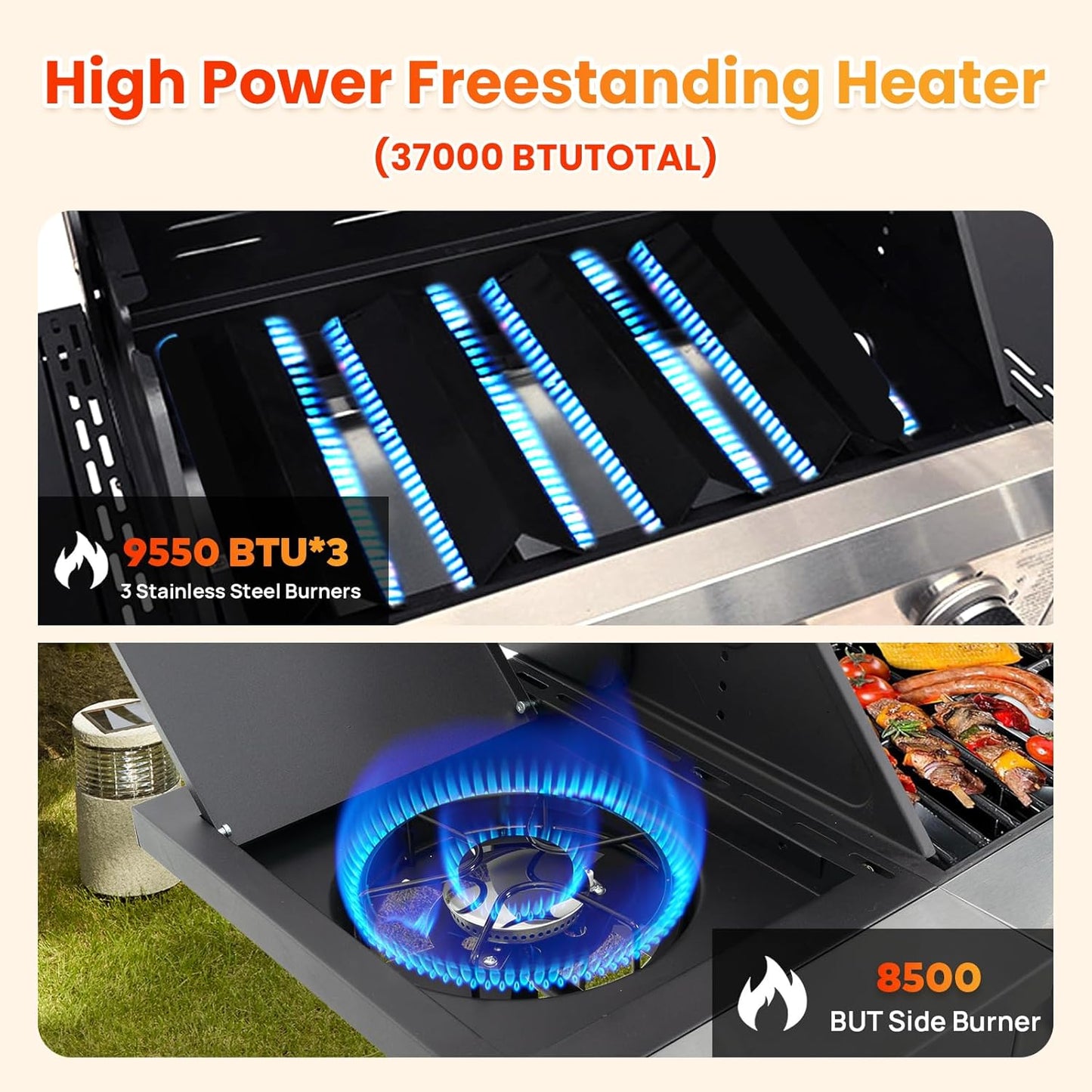 3-Burner Propane Gas BBQ Grill with Side Burner, Porcelain-Enameled Cast Iron Grates and Side Tables, 37,000 BTU Stainless Steel Grill for Outdoor Camping Barbecue Grilling Backyard Cooking