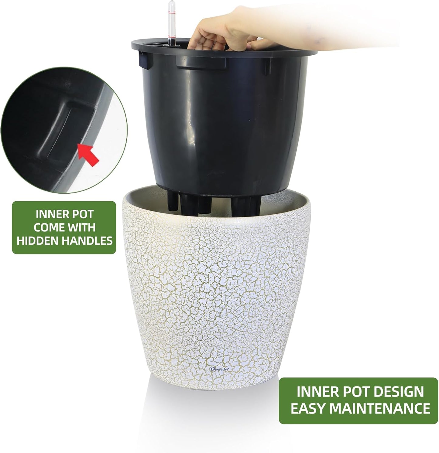 Dexceder 15x14 Self Watering Planter with Wheels Indoor Outdoor, Inner Pot Design, Thickened Large Floor Standing Flower Plant Pot with Water Level Indicator (White Gold Crackle)