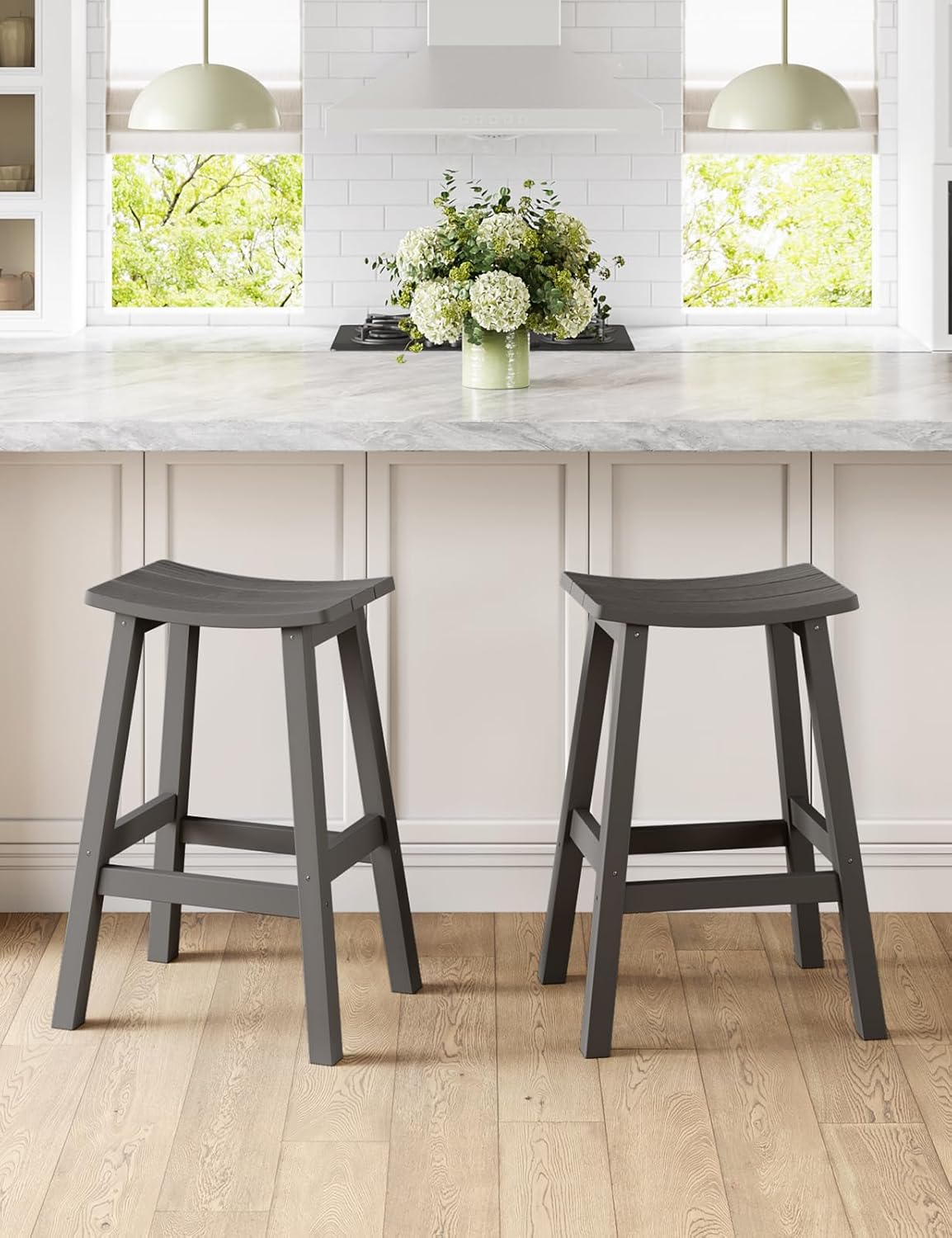 Weatherproof Bar Stools Set of 2, 28" Height Outdoor Bar Stools Holds up to 400 lbs, Saddle Seat, Bar Height Stools for Patio, Garden, and Kitchen Island, Gray