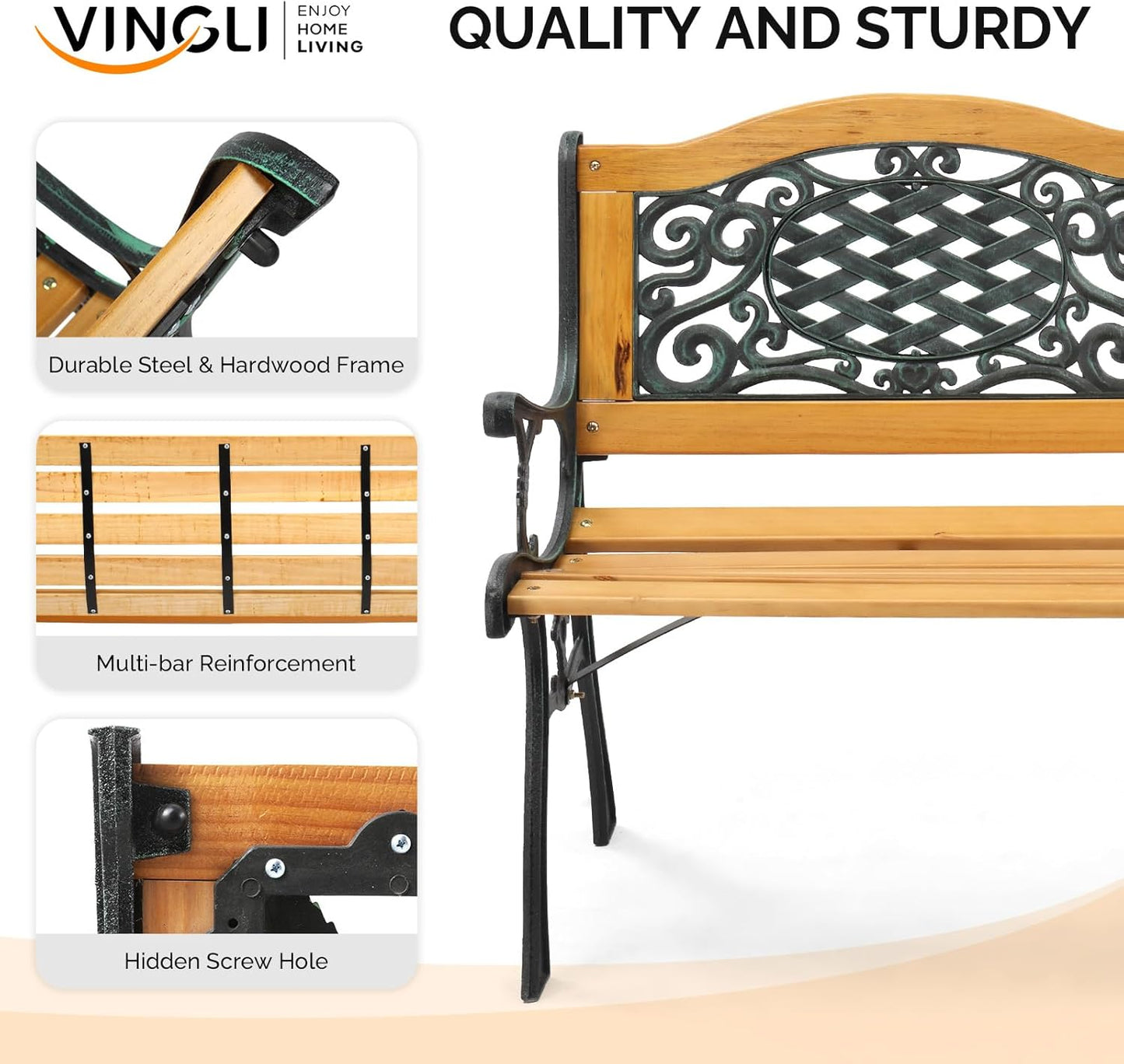 VINGLI Outdoor Bench Metal Garden Bench Front Porch Bench, Wood Patio Bench w/PVC Backrest Cast Iron Love Seat Park Benches (Arched Back)