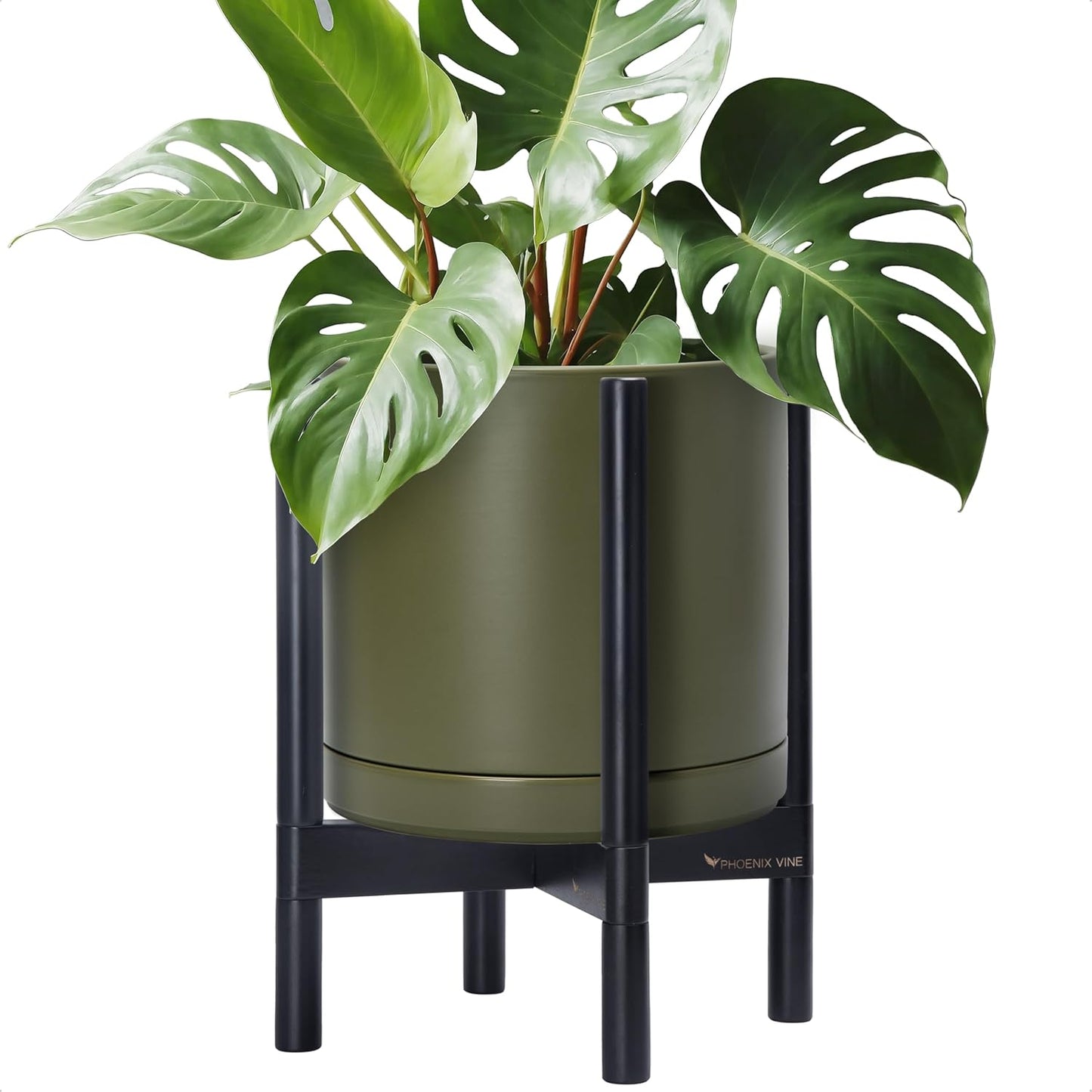D'vine Dev Ceramic Planter with Ebony Stand - 12 Inch Modern Round Flower Pot with Wood Planter Holder, Olive, 55-B-H-J