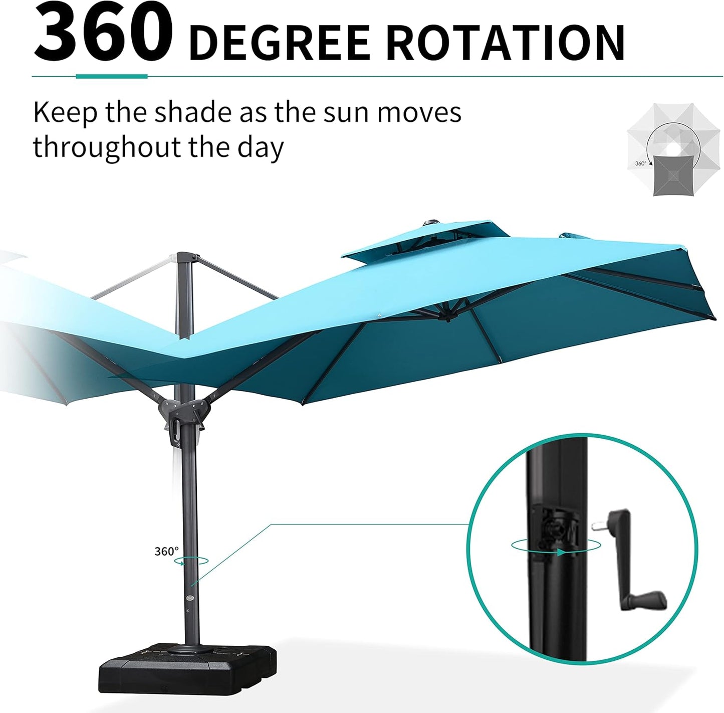 PURPLE LEAF 9' X 12' Cantilever Outdoor Umbrellas Large Patio Umbrella Hanging Double Top Rectangle Offset Umbrella with 360°Rotation Tilting Umbrella Outdoor Patio, Turquoise Blue