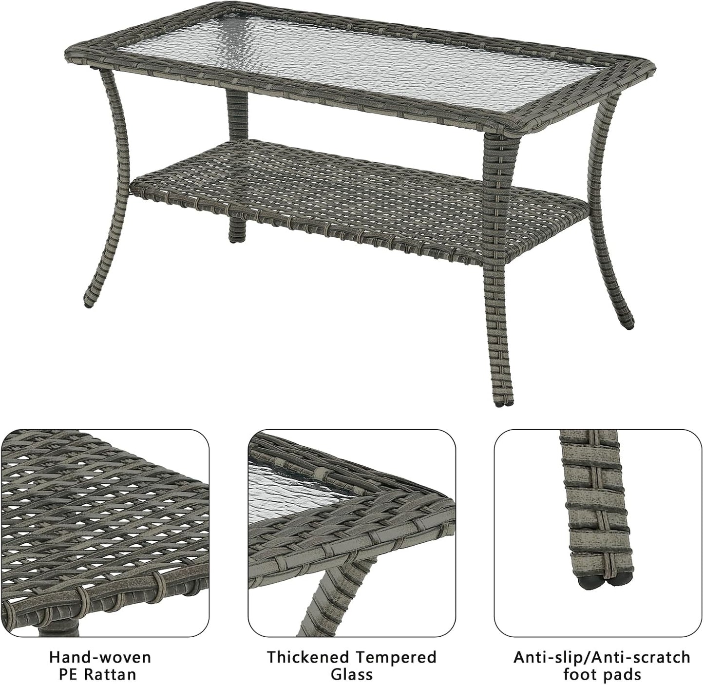 Patio Tables Outdoor Coffee Table - Wicker Rattan Coffee Tables with 2-Tier Storage Shelf Glass Top for Outside Proch Deck Balcony Garden Rectangle Mixed Grey