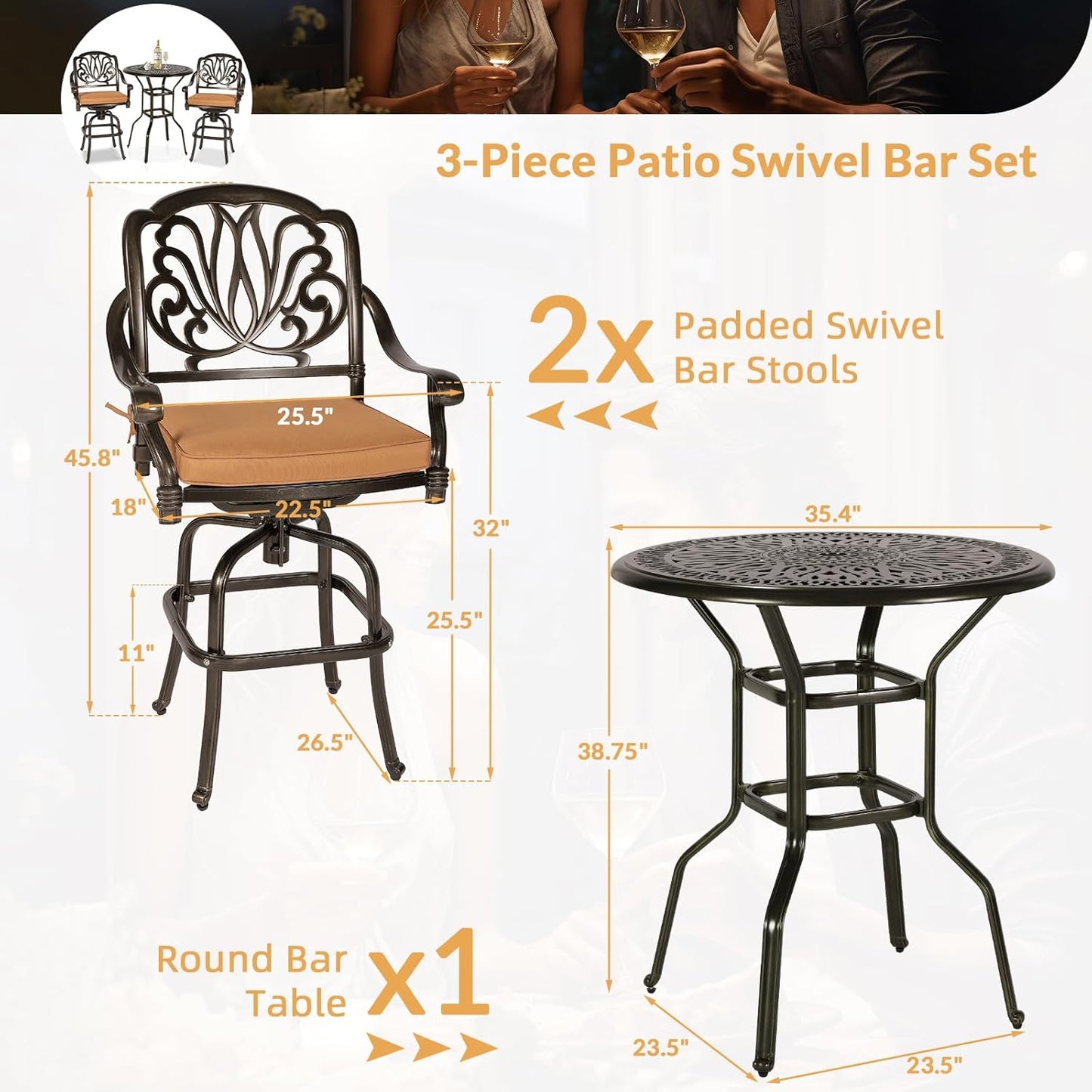3 Pieces Patio Swivel Bar Set, Patio High Top Bar Table and Chairs Set, All-Weather Cast Aluminum High Swivel Bar Stools Chair Set of 2 and 35.4" Table, Patio Bistro Set for Garden,Balcony