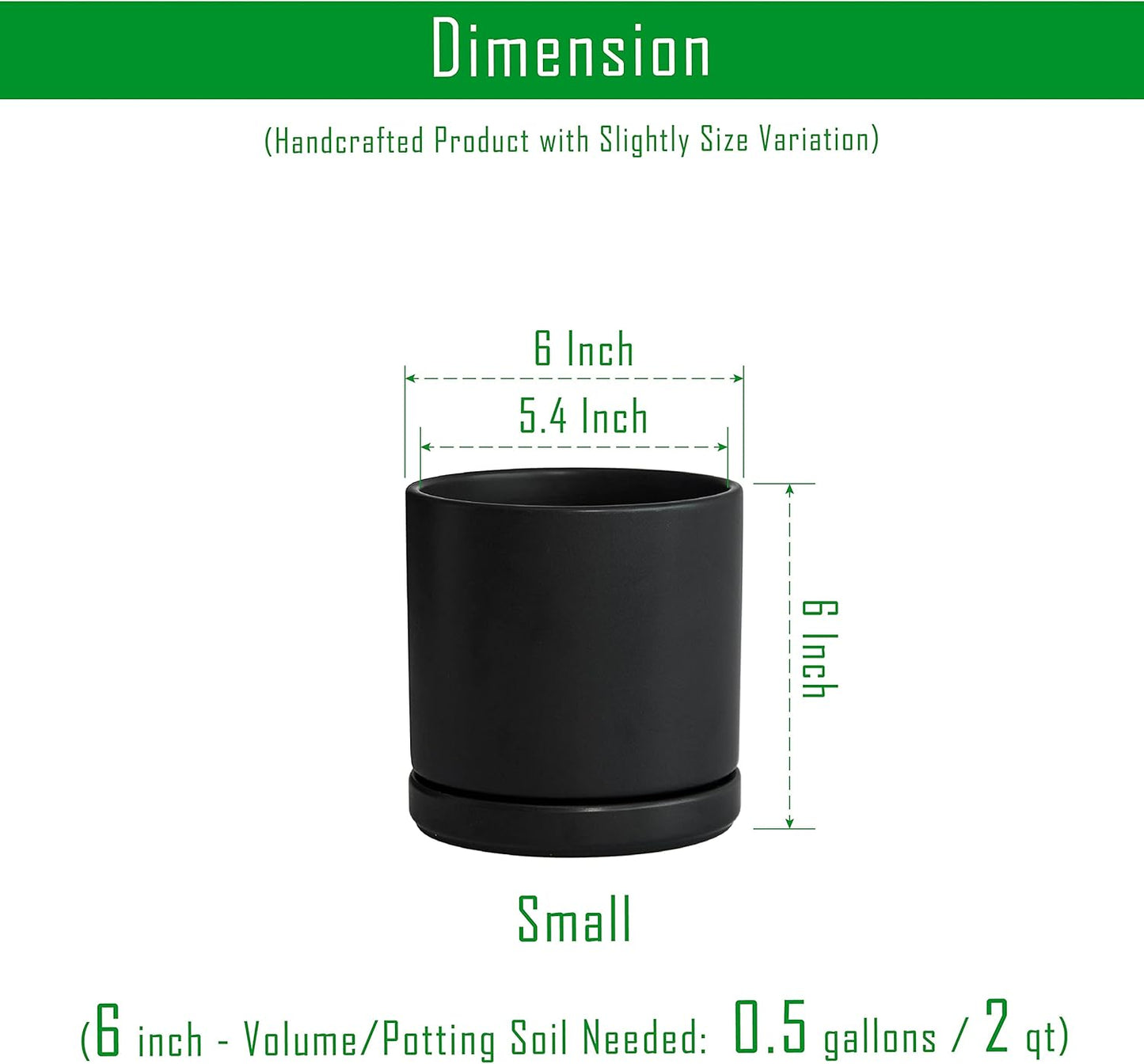 D'vine Dev Set of 2 Plants Pots, 6 Inch Ceramic Planter Pot for Plants with Drainage Hole and Saucer, Black, 94-V-C-2